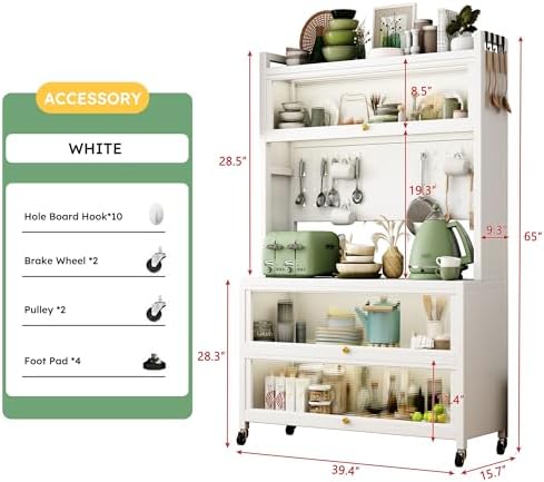 65'' Kitchen Pantry Storage Cabinet, Storage & Microwave Oven Countertop, Pantry Cabinets with 3 Doors and 4 Layers Hole Plate Versatile Storage for Kitchen, Living Room, Dining Room