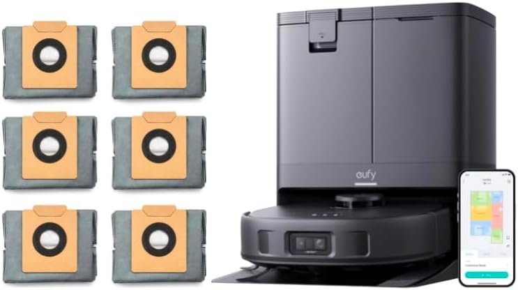 eufy X10 Pro Omni Robot Vacuum and Mop Combo, 8,000 Pa Suction, Dual Mops with 12 mm Auto-Lift and Carpet Detection + Official Dust Bags(6 Packs)