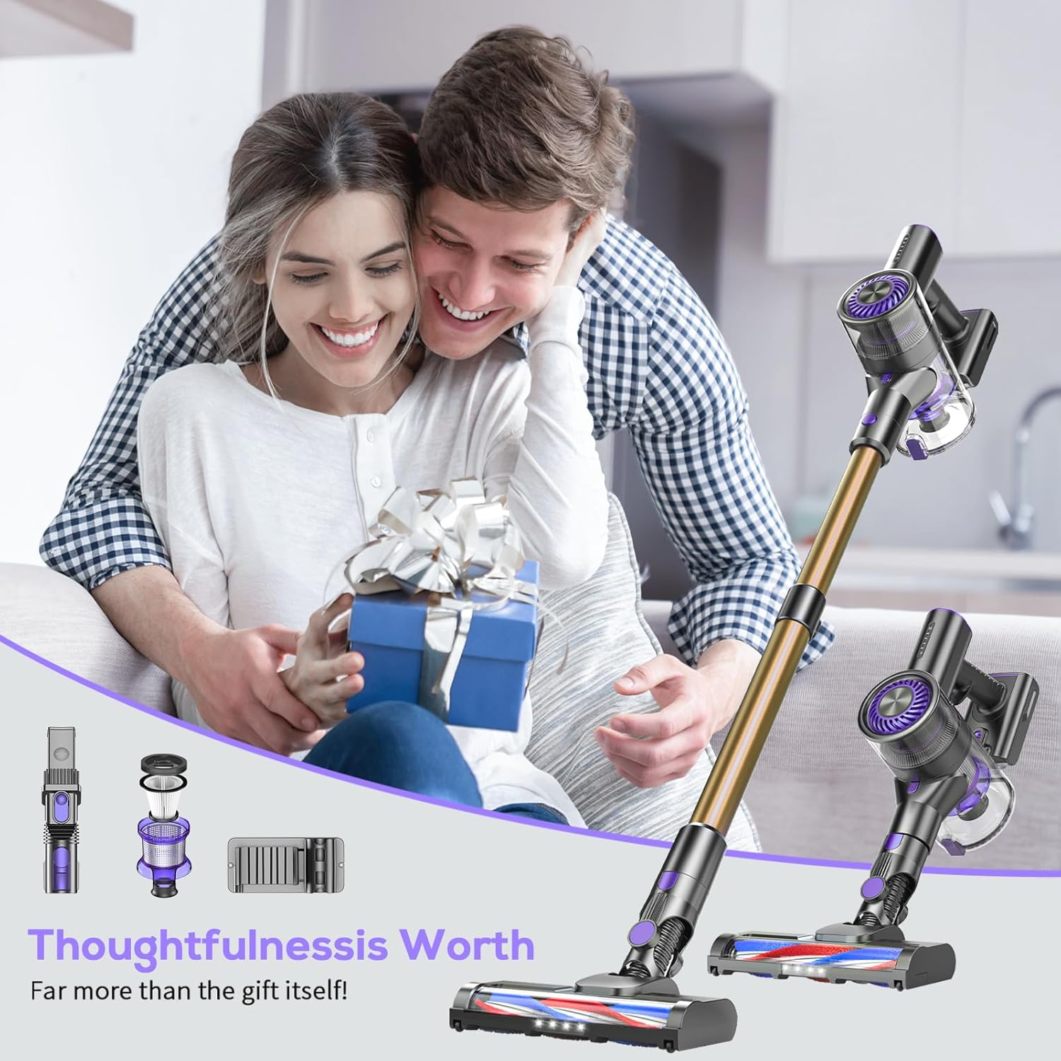 Cordless Vacuum Cleaner, Vacuum Cleaner for Home with 80000 RPM High-Speed Brushless Motor, Up to 40 Mins Runtime, 2 Adjustable Suction, Anti-Tangle, Lightweight Stick Vacuum for Hard Floor (Yellow)