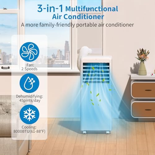 8,000 BTU Portable Air Conditioner, 3-In-1 AC Unit with Cooling, Dehumidifier, Fan Function, Compact Standing Air Conditioner for Room Up to 350 Sq. Ft. with Remote and Window Kit, White