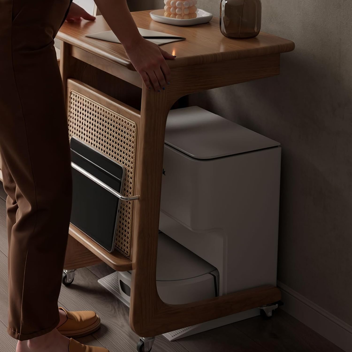 Wooden Robot Vacuum Cabinet with Wheels, Vintage Storage Cabinet for Vacuum with Decorative Rattan, Multipurpose Side Table for Living Room & Bedroom, 18.9/23.6