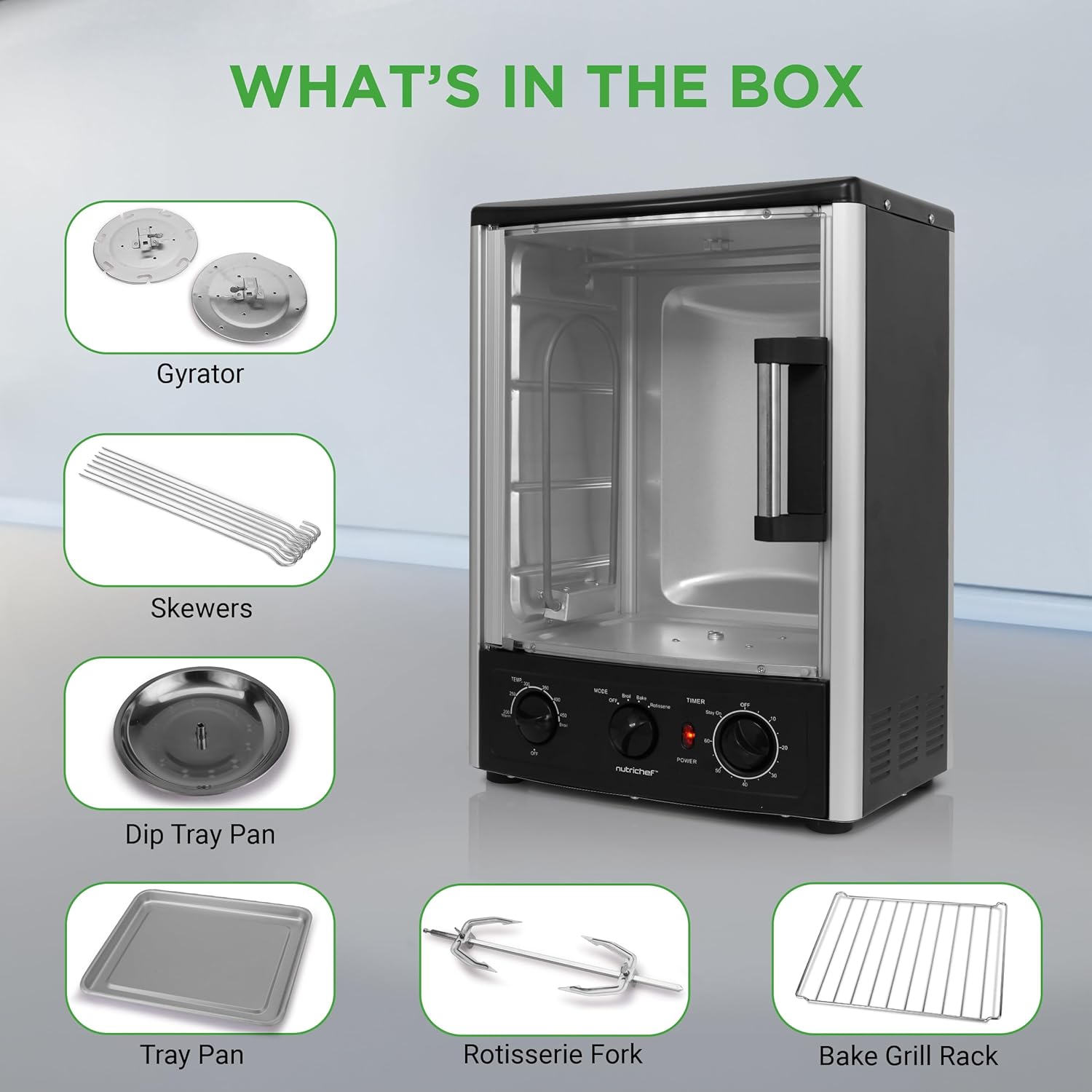 Nutrichef Vertical Countertop Oven with Rotisserie, Bake, Broil, & Kebab Rack Functions - Adjustable Settings - 2 Shelves - 1500W - Thanksgiving Turkey - Includes Grill, Kebab skewer racks & bake pan