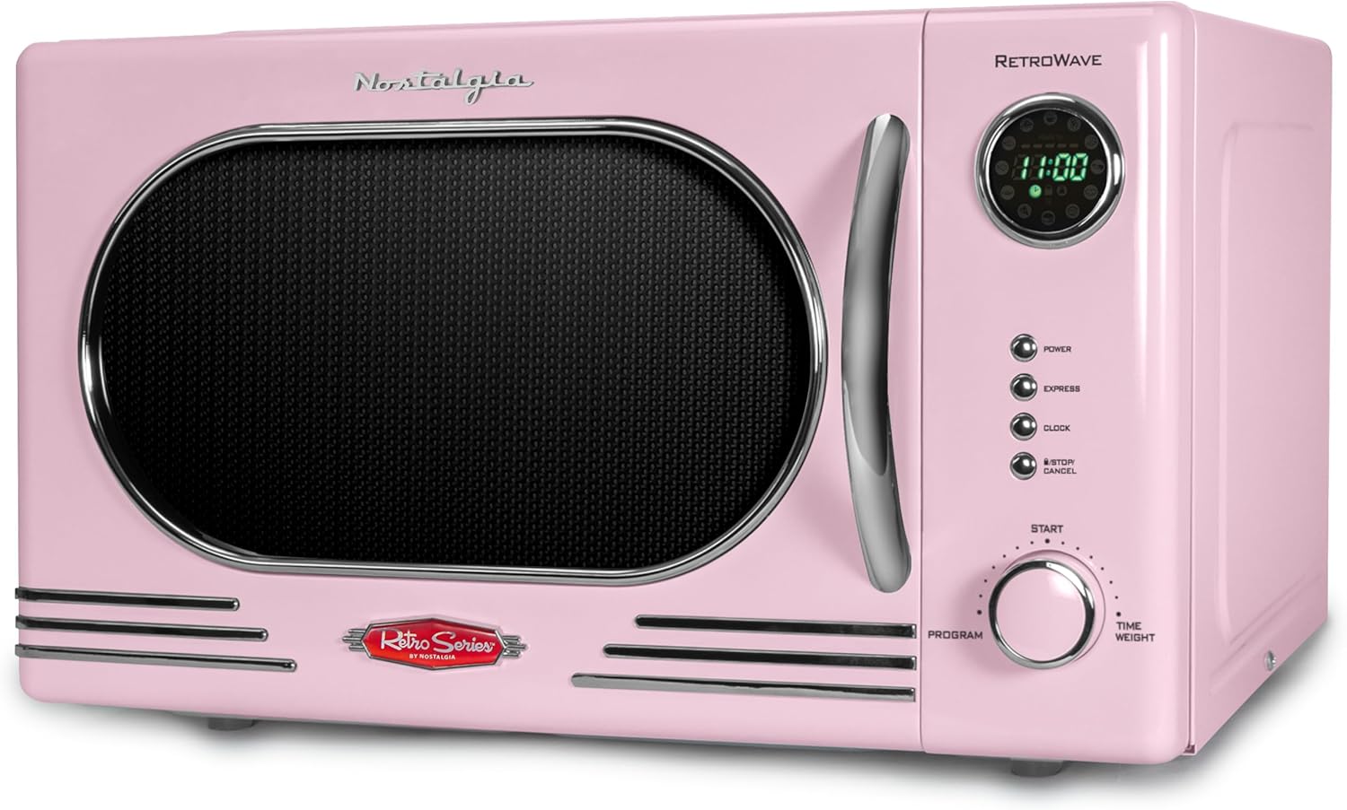 Nostalgia Retro Countertop Microwave Oven - 1.1 Cu Ft & 1000 Watt Power- Easy to Clean with Removable Glass Turntable - Child Safety Lock - 12 Programs - Digital Clock - Pink