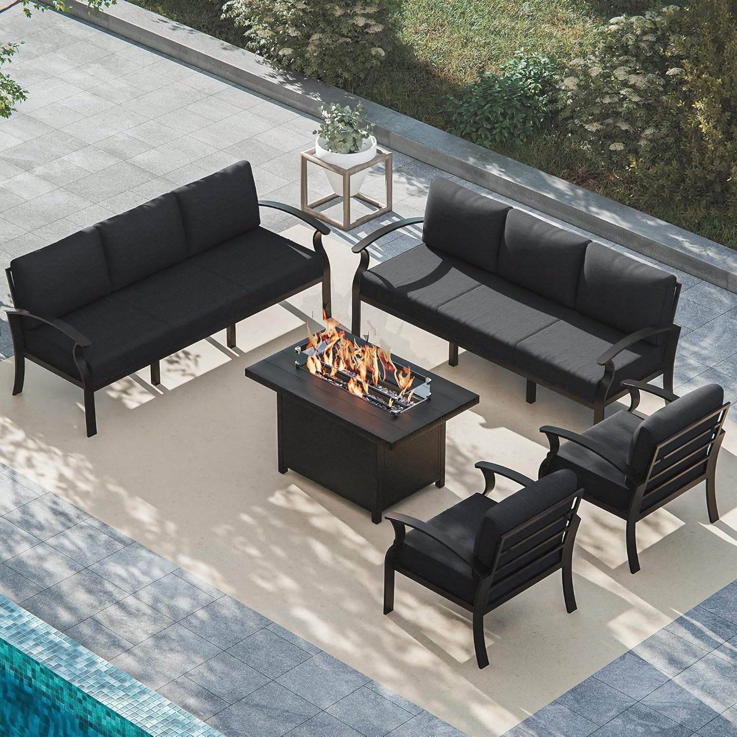 ALAULM Aluminum Patio Furniture Set with Propane Fire Pit Table 8-seat Metal Outdoor Furniture w/Fire Pit Patio Conversation Set w/5.1