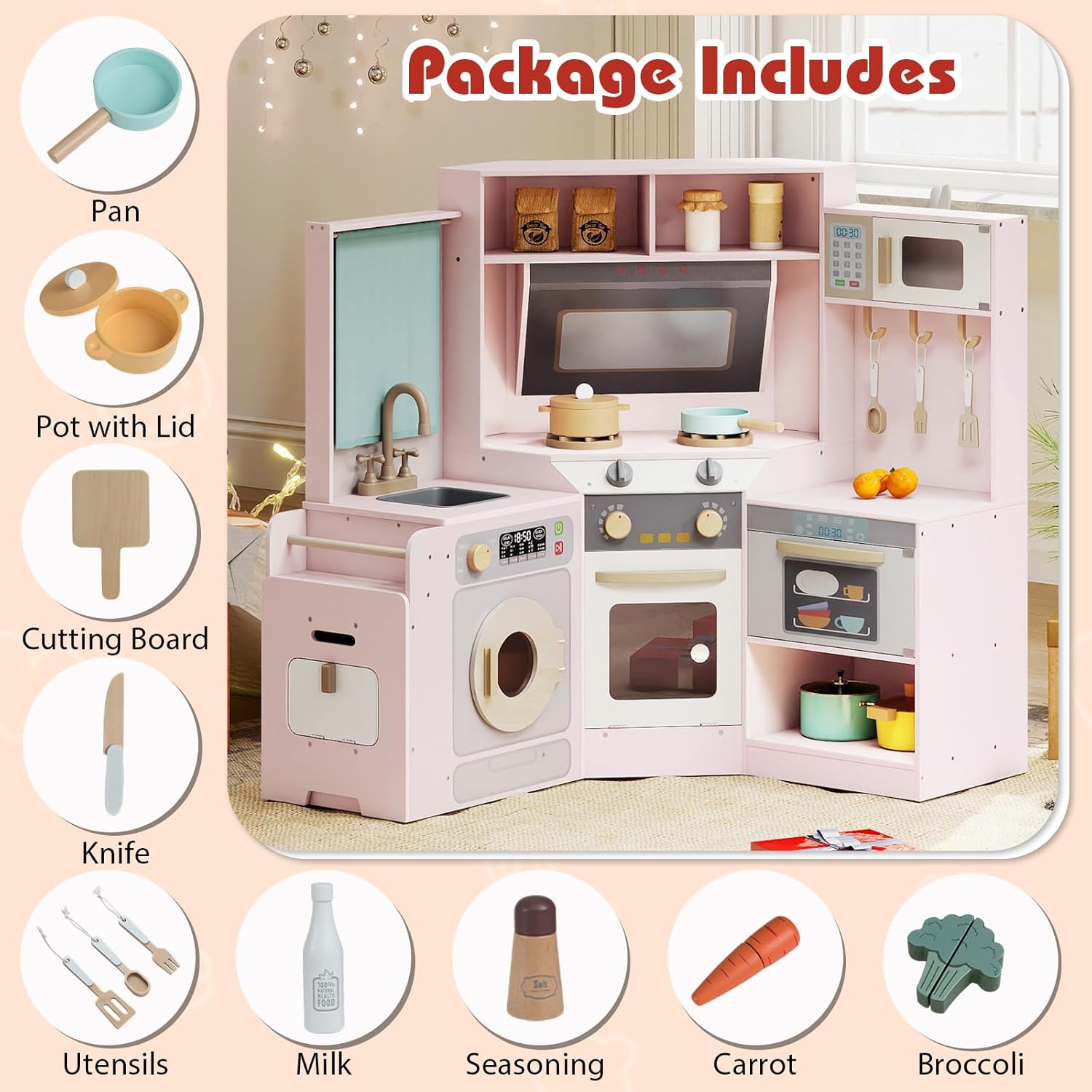 Costzon Corner Play Kitchen, Large Pretend Play Kitchen w/Real Light & Sound, Pull-Out Trash Can, Stoves, Microwave, Oven, Washer, Little Chef Wooden Kitchen Playset for Kids 3+ Years Old (Pink)