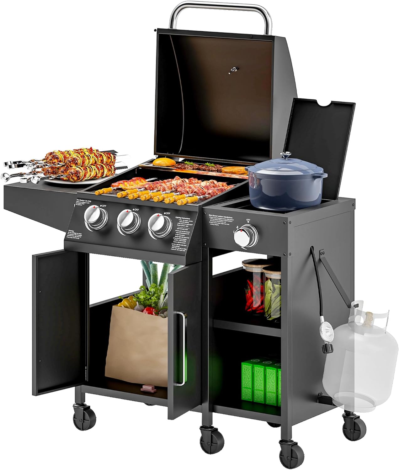 Outsunny 3 Burner Gas Grill with Side Burner and Shelves, Propane BBQ Grill with 9.5 KW Output, 310 Sq. in. Cooking Area, Cabinet Style Barbecue with Thermometer and Wheels for Outdoor Backyard