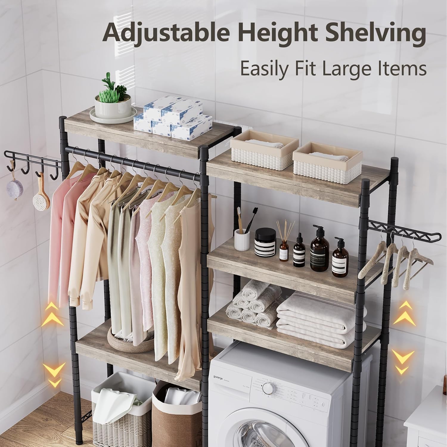 IDEALHOUSE Laundry Room Organization and Storage,5 Tier Wood Over The Washer and Dryer Storage Shelf with Drying Clothes Racks,Space Saver Heavy Duty Bathroom Laundry Shelf for Home Storage and Decor