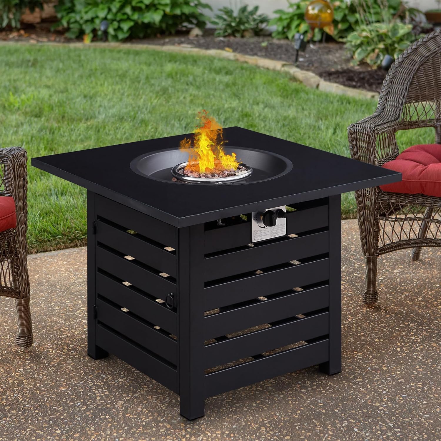 Fire Pit Table, 32-inch Square 50,000 BTU Auto-Ignition Propane Firepit with Waterproof Cover