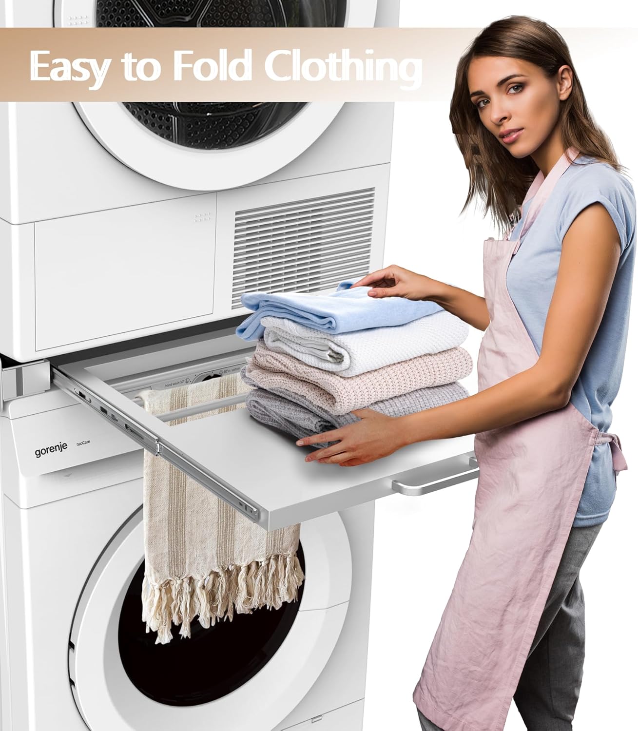 Stacking Kit for Washer and Dryer, 60x55cm, Washing Machine Stacking Kits with Pull-Out Plate, Metal Connecting Frame for Washing Machine Dryer with Drying Rack (Including Ratchet Ropes)