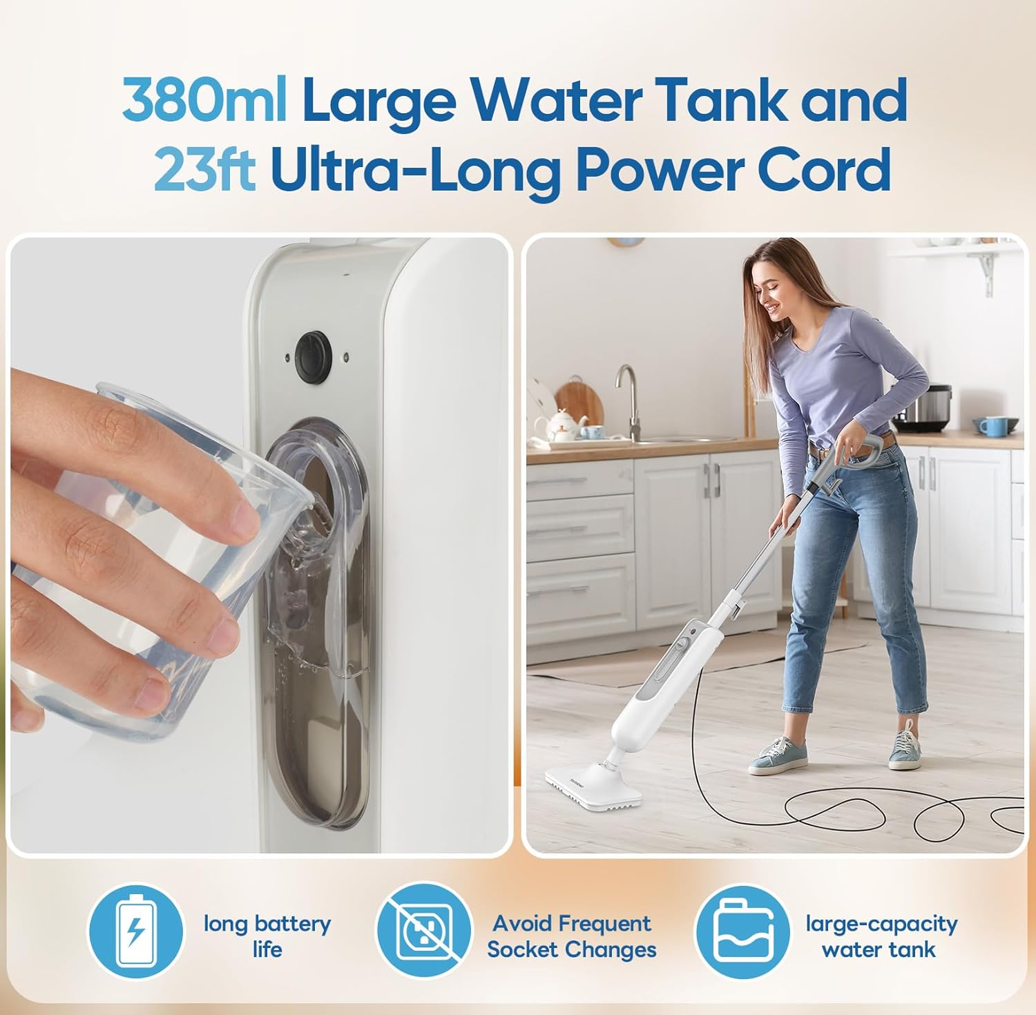 Steam Mop All-in-one Multi-Functional Powerful Steam Cleaner, Handheld Detachable Floor Steamer with 2 Steam Level, 380ML Water Tank & 23FT Power Cord for Floor Cleaning and Home Use