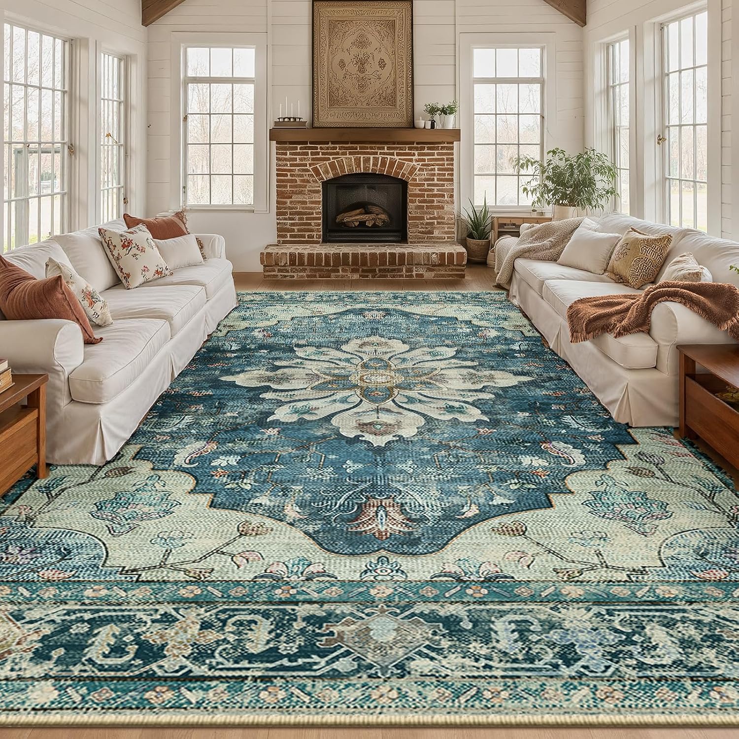 Area Rugs 10'x14' Washable Non-Slip, Floral Vintage Distress Print Pattern Medallion Carpet for Living Room Bedroom Dining Room, Dark Blue Vintage
