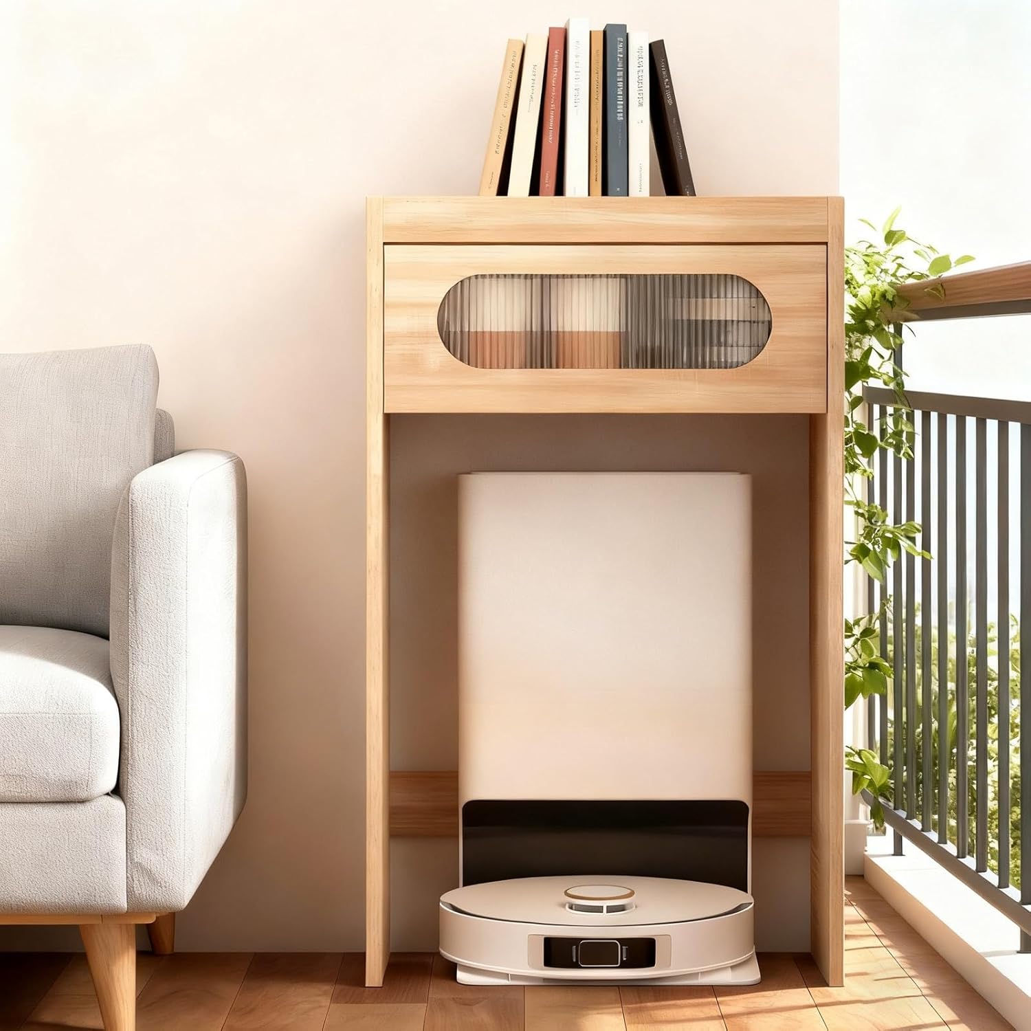 Modern Robot Vacuum Storage Rack Wooden Modern Hiding Robot Vacuum Cabinet Pull-Out Top Panels Portable Nightstand Accent Side Tables for Living Room Bedroom Office Kitchen(Natural)