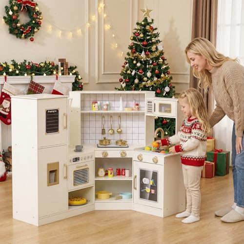 Costzon Kids Corner Play Kitchen, Pretend Play Kitchen Set w/Ice Dispenser, Stoves, Oven, Microwave, Dishwasher, Water Faucet & Accessories, Wooden Toy Kitchen Playset for Boys & Girls 3+