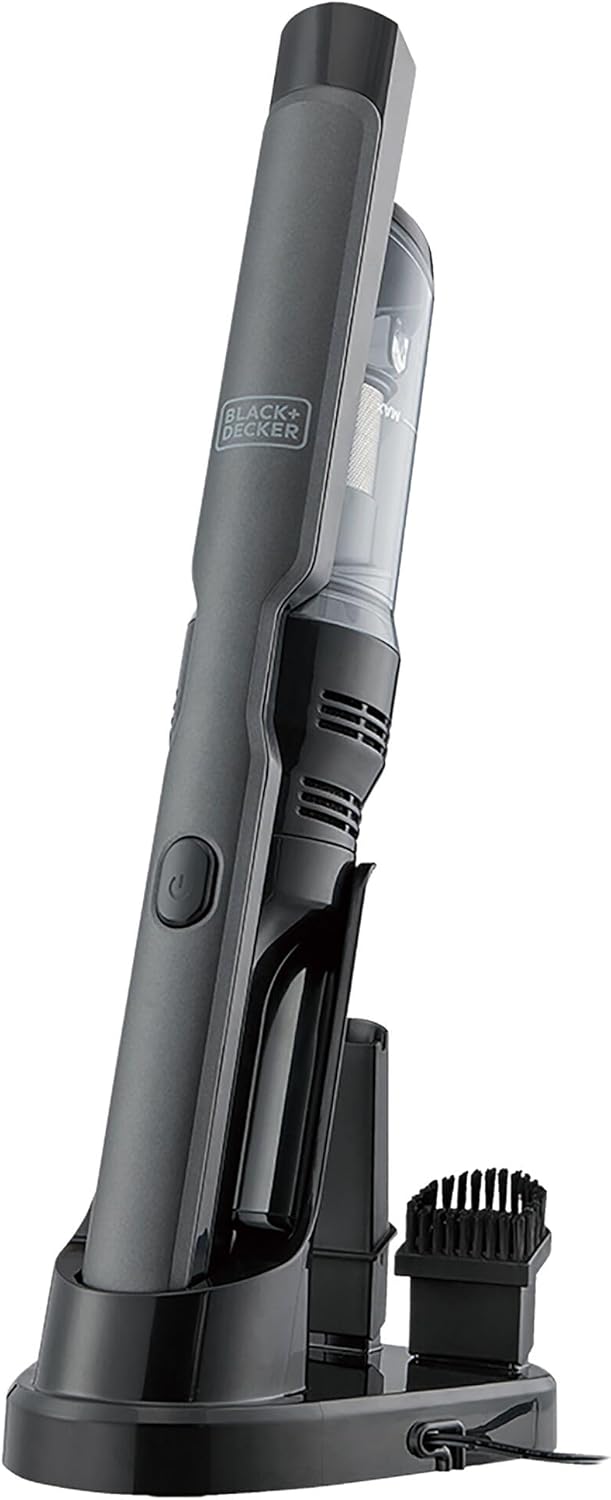 Aspirador de mano fino color pig brushless con accesorios. Potencia 12V y batería 2Ah Litio con cargador base