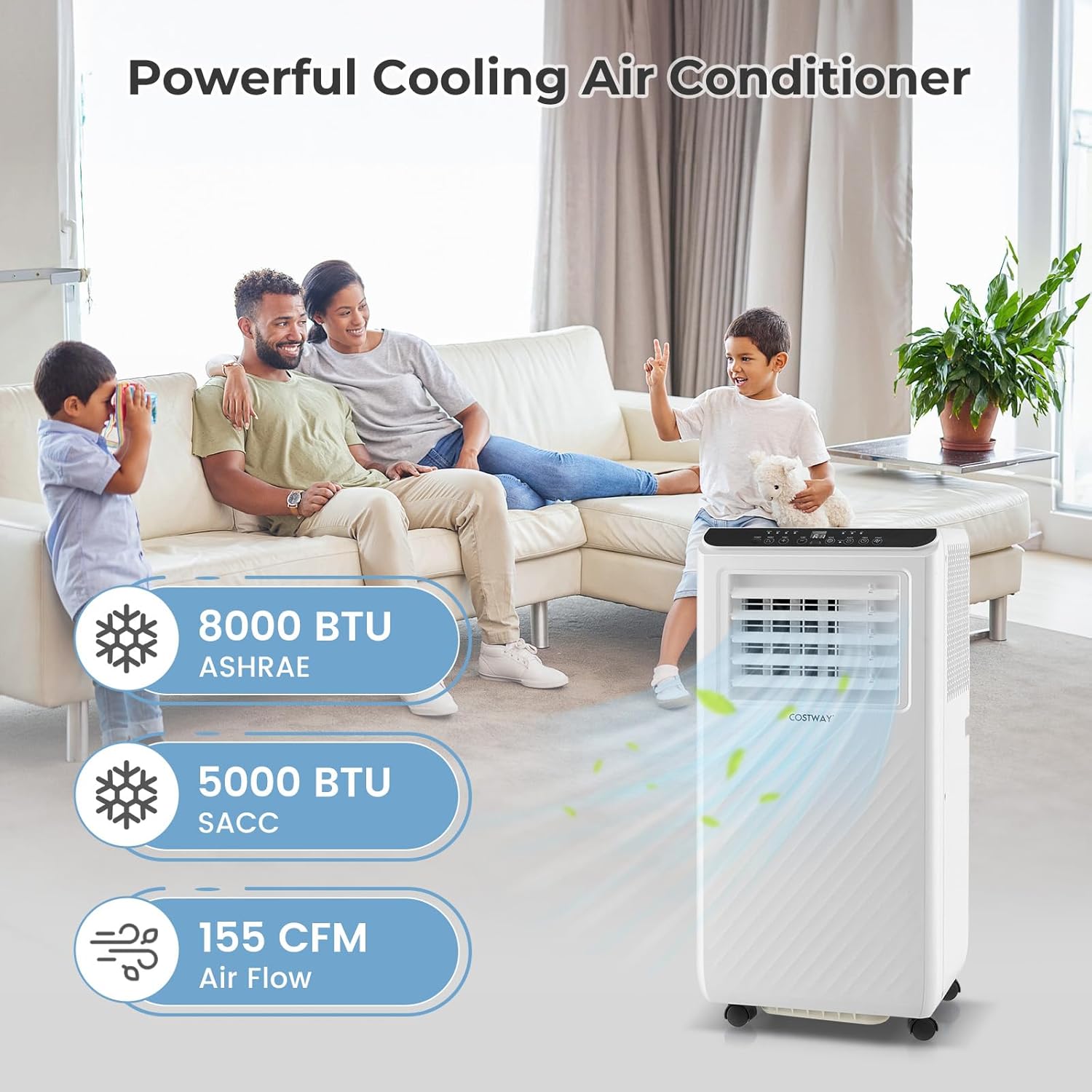 COSTWAY Portable Air Conditioner, 8000 BTU AC Unit with Remote Control, Digital Display, Installation Kit, Casters, 24H Timer, Air Cooler Dehumidifier Fan for Bedrooms Up to 250 Sq.Ft (8000 BTU)