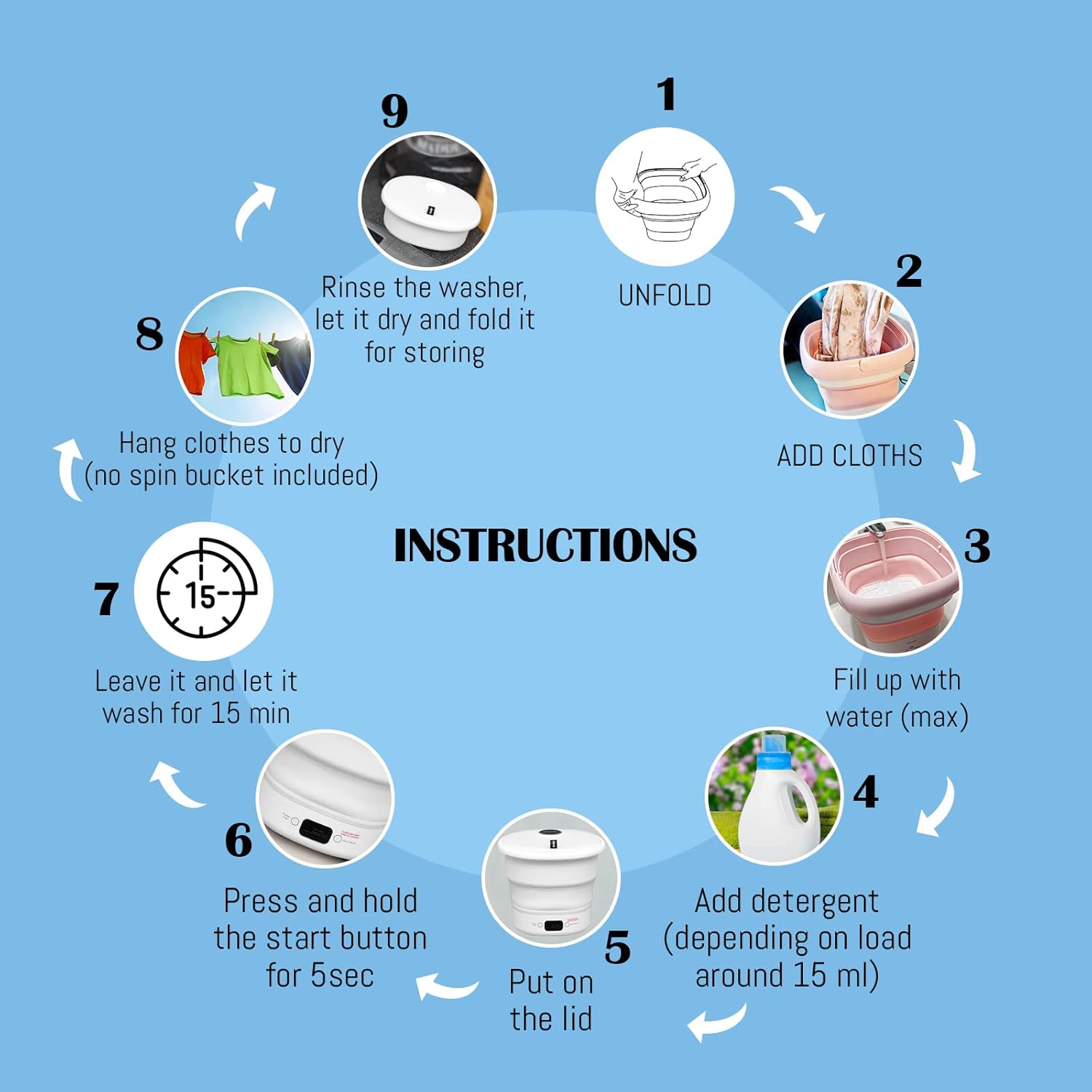 Mini Portable Washing Machine - Small Foldable Bucket Washer for Clothes- For Camping, RV, Travel, Small Spaces. (White)