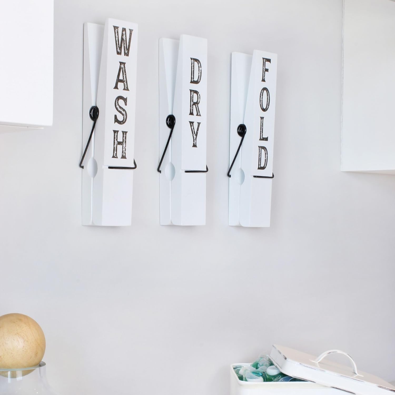 AuldHome Design Laundry Room Wall Art (Set of 3); Rustic Wood Clothespin Shaped Laundry Decor