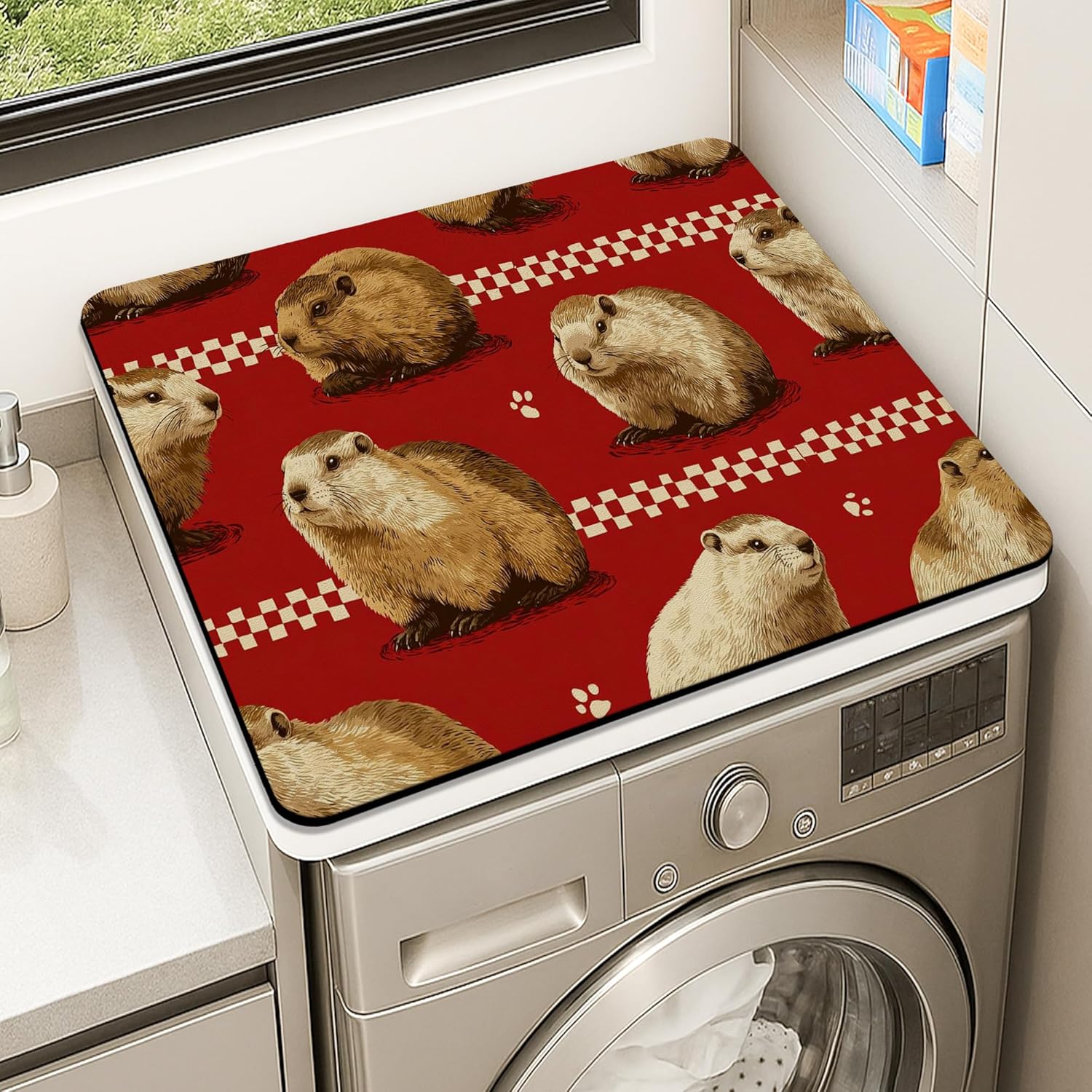 Guinea Pig Washer Dryer Top Protector Mat, Vintage Animal Pattern Laundry Machine Dust Covers, Rustic Rubber Anti-slip Waterproof Washer And Dryer Mats for Home 24x24 Inch