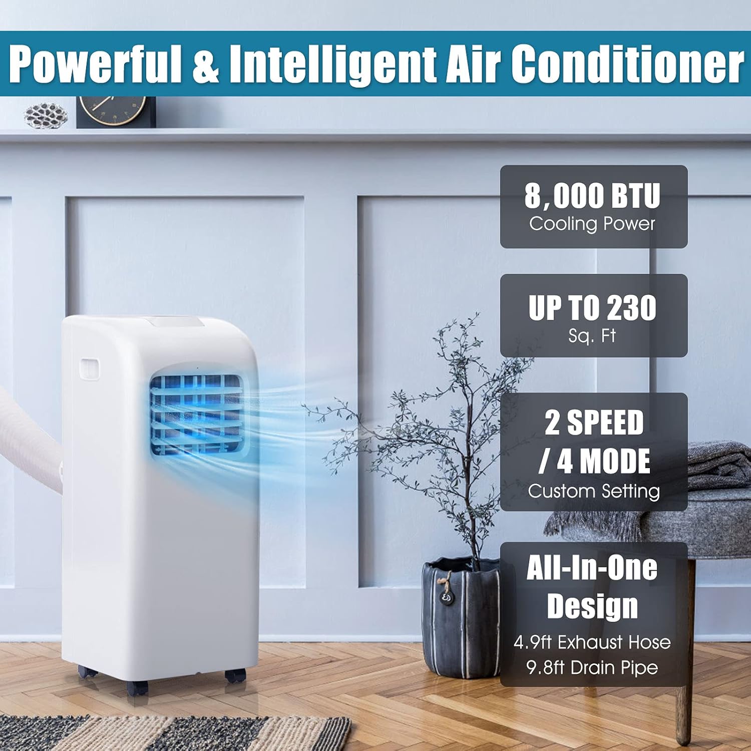 DORTALA 8000 BTU Portable Air Conditioner, AC Cooling Unit with Remote Control, Dehumidifier, 24H Timer, Window Kit, Cool Rooms Up to 400 Sq.Ft