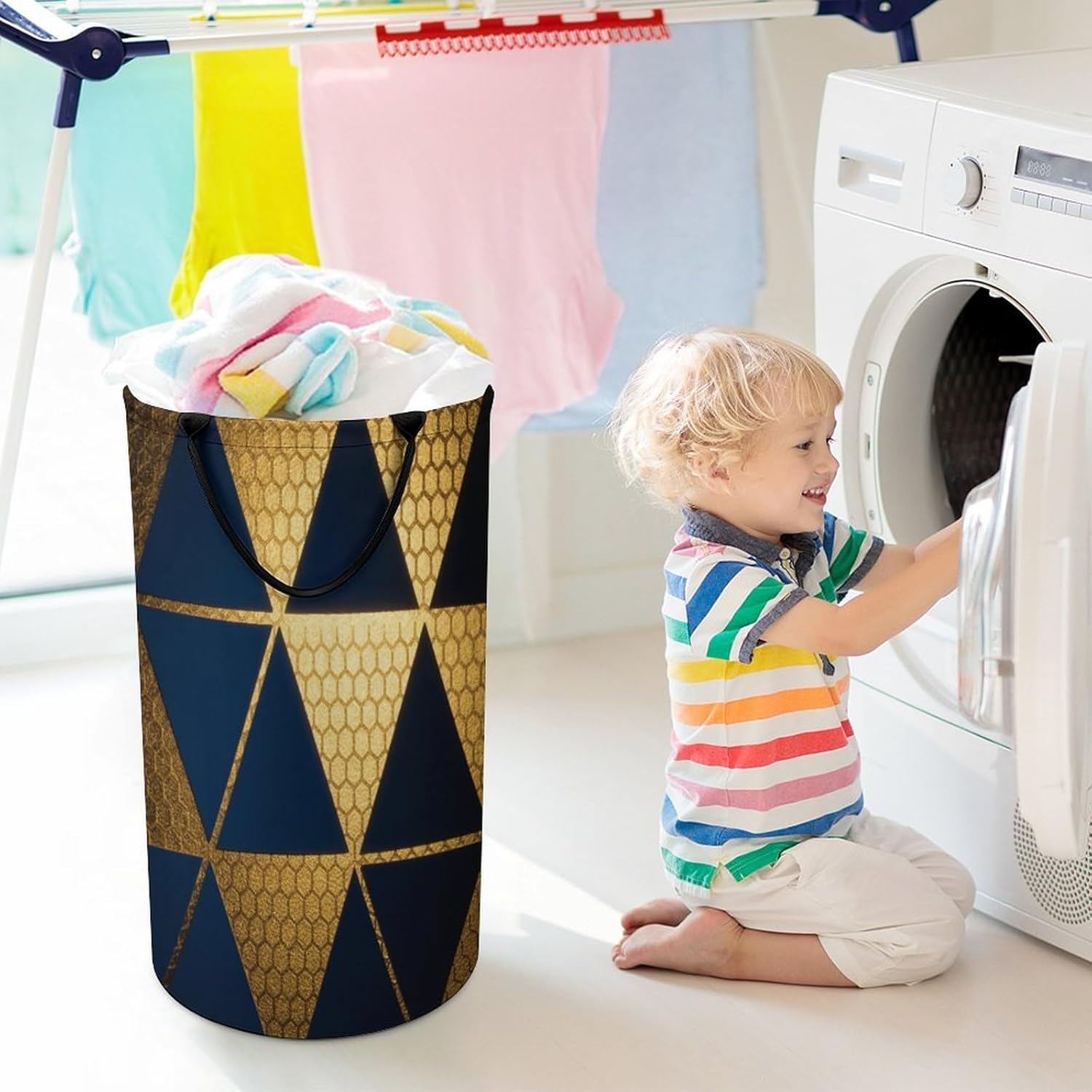 Laundry Hamper High-gloss Triangles Laundry Basket, Dirty Clothes Hamper with Handle Suitable for Bedroom Living Room Bathroom Washing Machine Bohemian Style Room Decoration