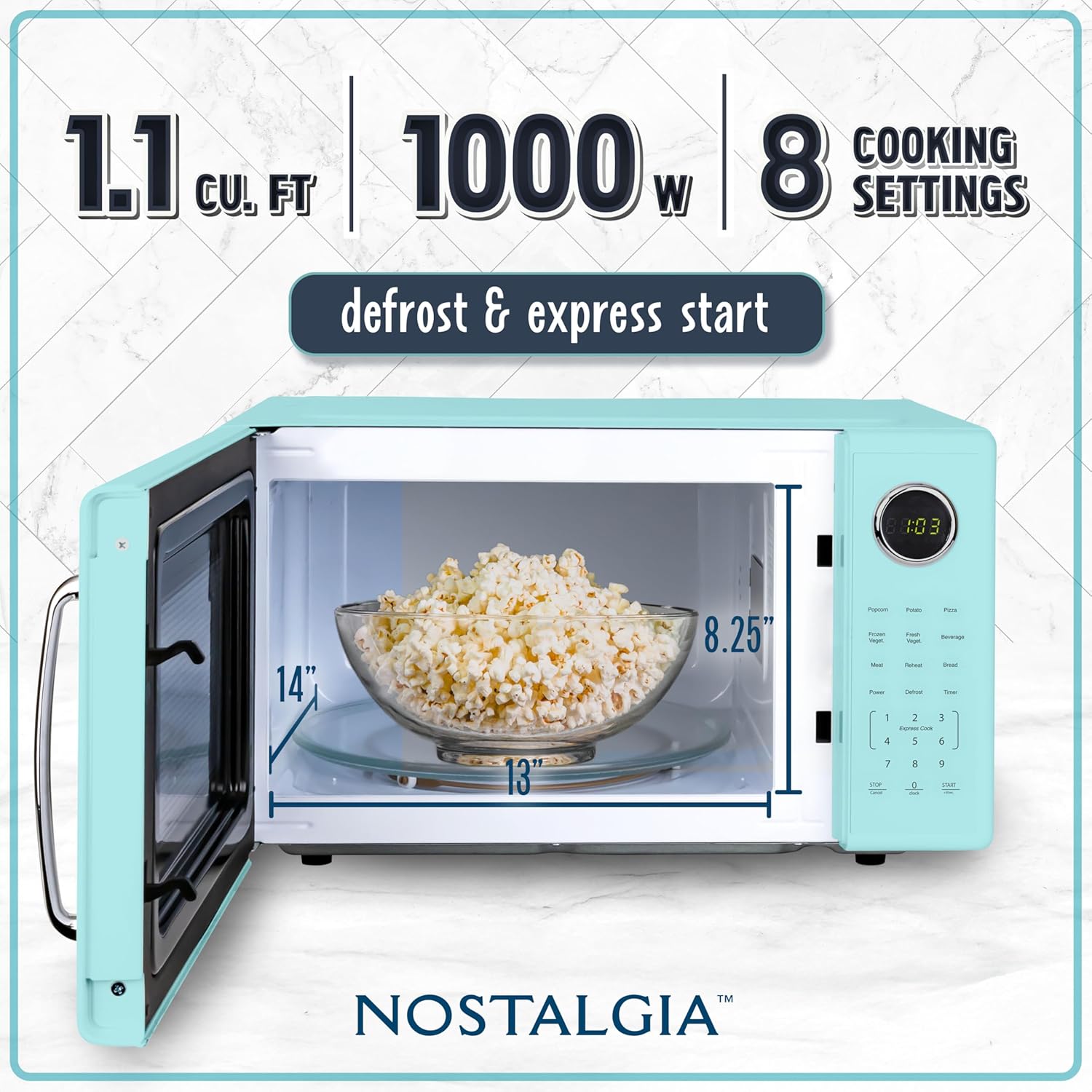 Nostalgia Retro 1000W Microwave Oven 1.1 Cu Ft Capacity – Child Safety Lock, 8 Auto-Cook Settings – Countertop Kitchen Appliance – Aqua