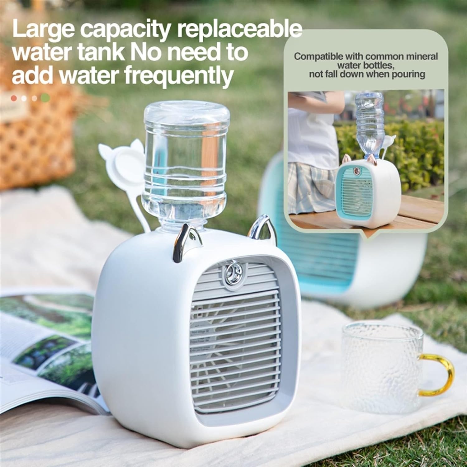 Portable Air Humidifier & Oil Diffuser, Rechargeable 1200/2400mAh Spray Cooling Fan, 3 Wind Speeds, Cute Outdoor & Home Mist Humidifier, Blue(Pink)