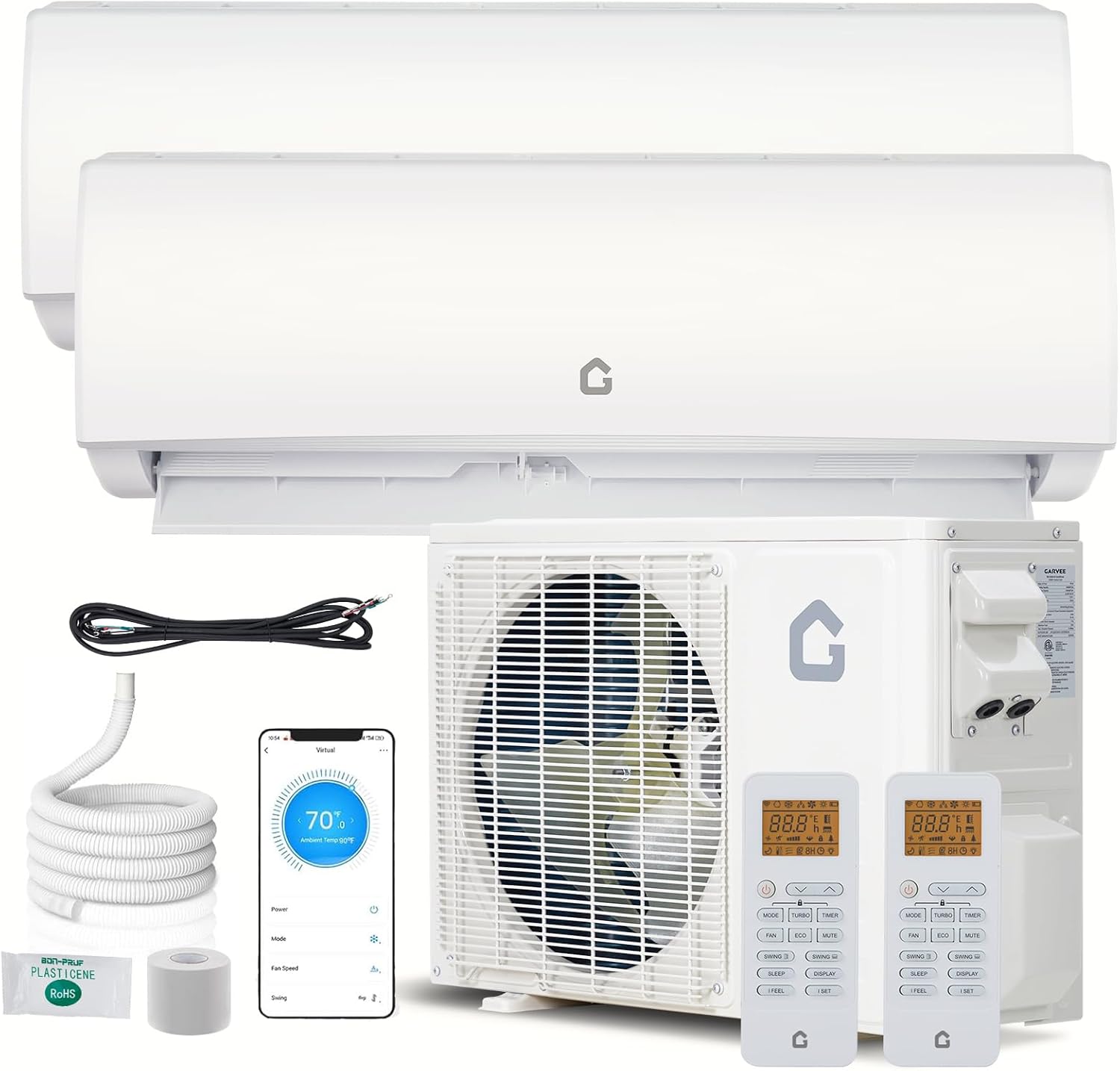 Garvee 2 Zone Mini Split AC/Heating System 28000 BTU (12K+12K), 20 SEER2 Dual Zone Ductless Wall Mounted Air Conditioner with Pre-Charged Condenser, 208-230V, Not Include Copper Tube Line Set