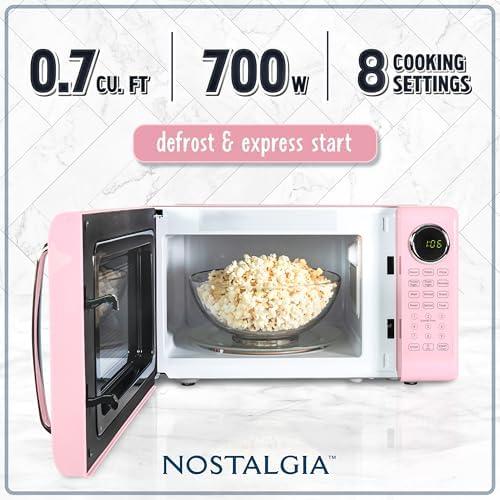Nostalgia Retro Microwave Oven - 0.7 Cu Ft, 700-Watt Countertop Size with Glass Turntable, Child Safety Lock, 8 Auto-Cook Programs, Digital Clock - Pink