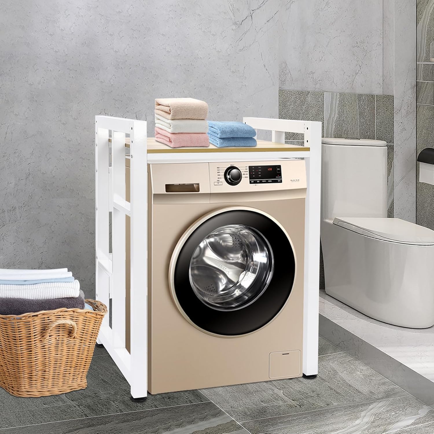 Stacking Rack Stand, Heavy Duty Over Washer&Dryer Shelves with Adjustable Shelf, Space Saver Stackable Storage Shelf for Laundry Room Apartments Bedrooms (White& Light Walnut)