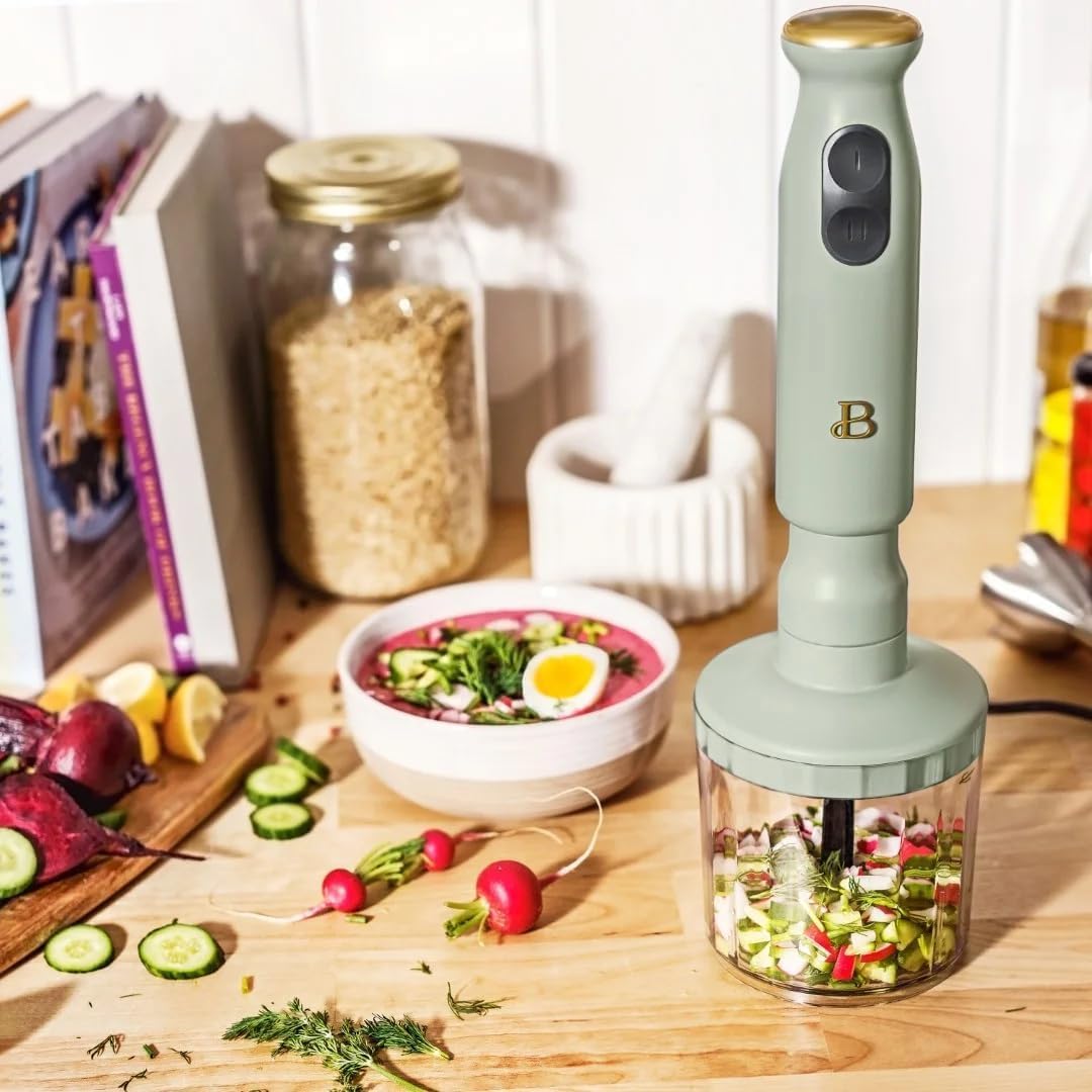 Beautiful 2-Speed Immersion Blender with Chopper & Measuring Cup, Stainless Steel Shaft, Quiet 250W Motor, Cornflower Blue Finish, Dishwasher Safe, Includes Whisk & 24 oz Beaker (Sage Green)