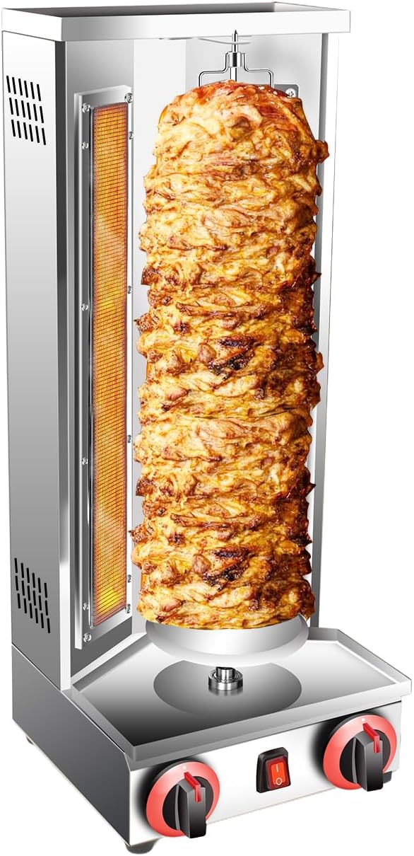 Shawarma Doner Kebab Machine Grill Gas Vertical Broiler Gyro Meat Rotisserie with 2 Burner for Restaurant Home Garden