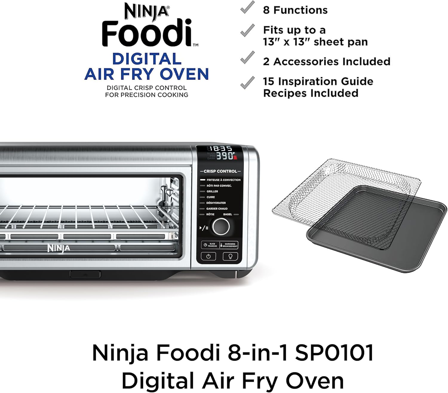 Ninja Digital Air Fry Countertop Oven, 8-in-1 Functionality, 1800W, Flip-Up Design, XL Capacity, Air Fry Basket, Wire Rack & Crumb Tray, Silver, SP101
