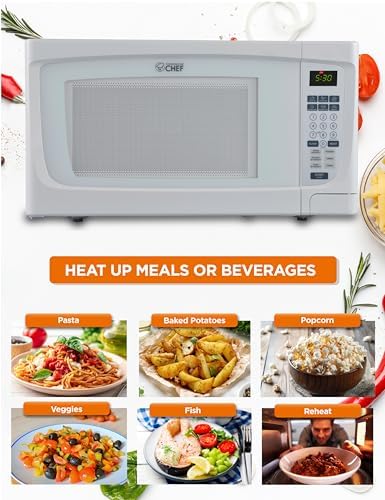 COMMERCIAL CHEF 1.6 Cubic Foot Microwave with 10 Power Levels, Small Microwave with Push Button, 1000 Watt Microwave with Digital Control Panels, Countertop Microwave with Timer, White