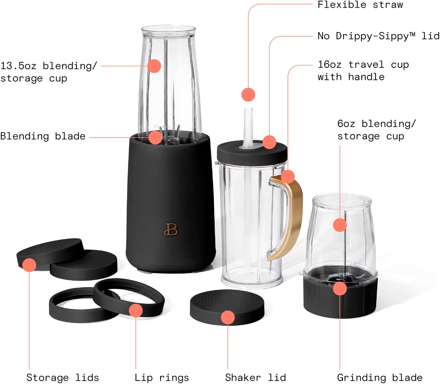 Beautiful Personal Blender, 12 Piece Set by Drew Barrymore (Black Sesame)