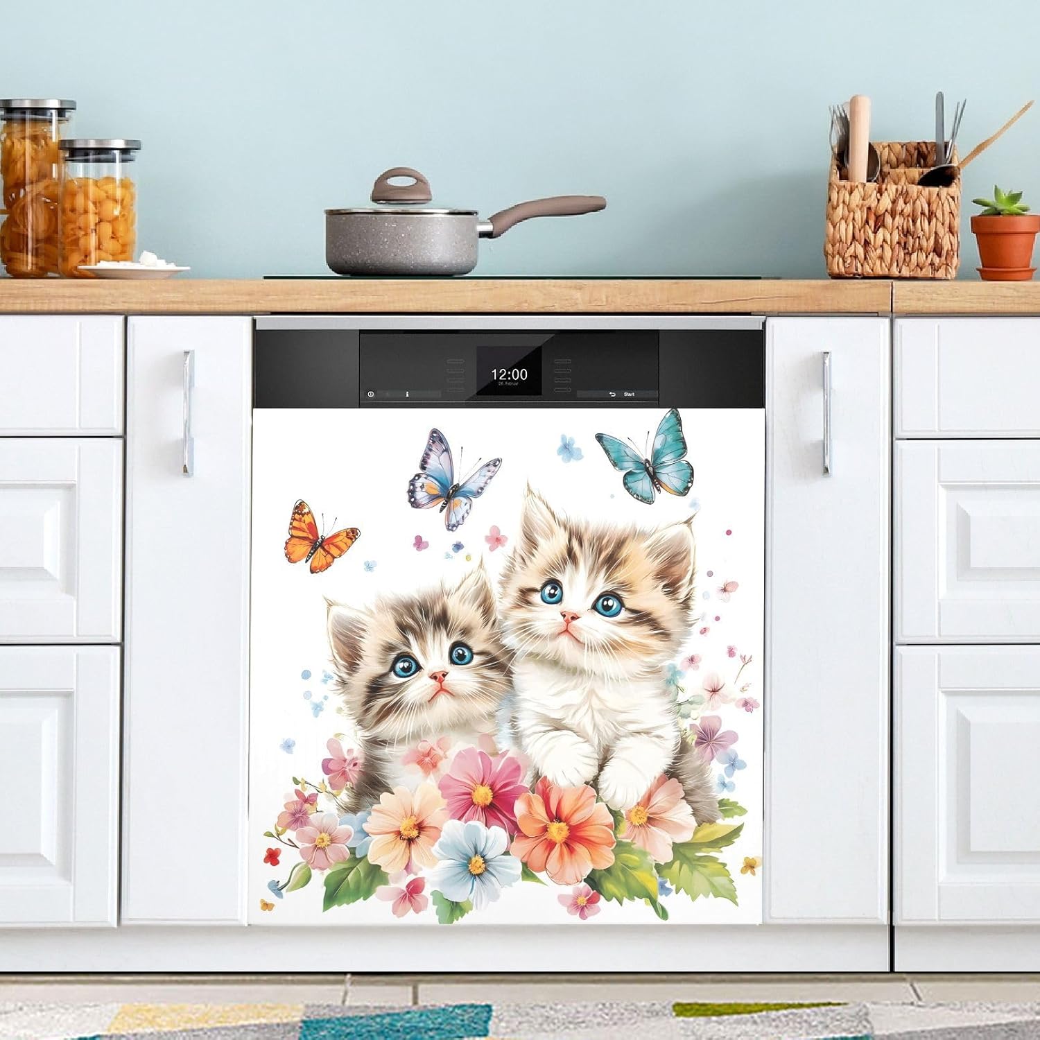 Dishwasher Magnet Cover Large Magnetic Stickers Two Cats Flower Butterfly Front Dishwasher Cover Reusable Decal for Home Kitchen Anti-Scratch Refrigerator Decorative Lid Washing Machine Laundry 23