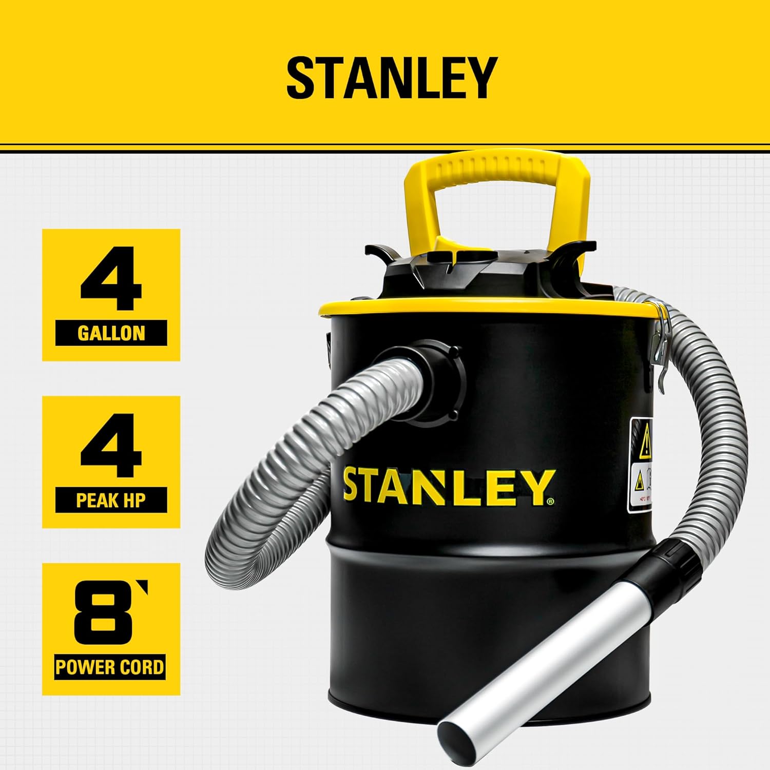 STANLEY Ash Vacuum Cleaner 4 Gallon with 4 HP Powerful Motor Suction, Stainless Steel Shop Vacuum Portable Ash Canister for Pellet Grill, Wood Stoves, BBQ Grills, Fireplaces & Fire Pits