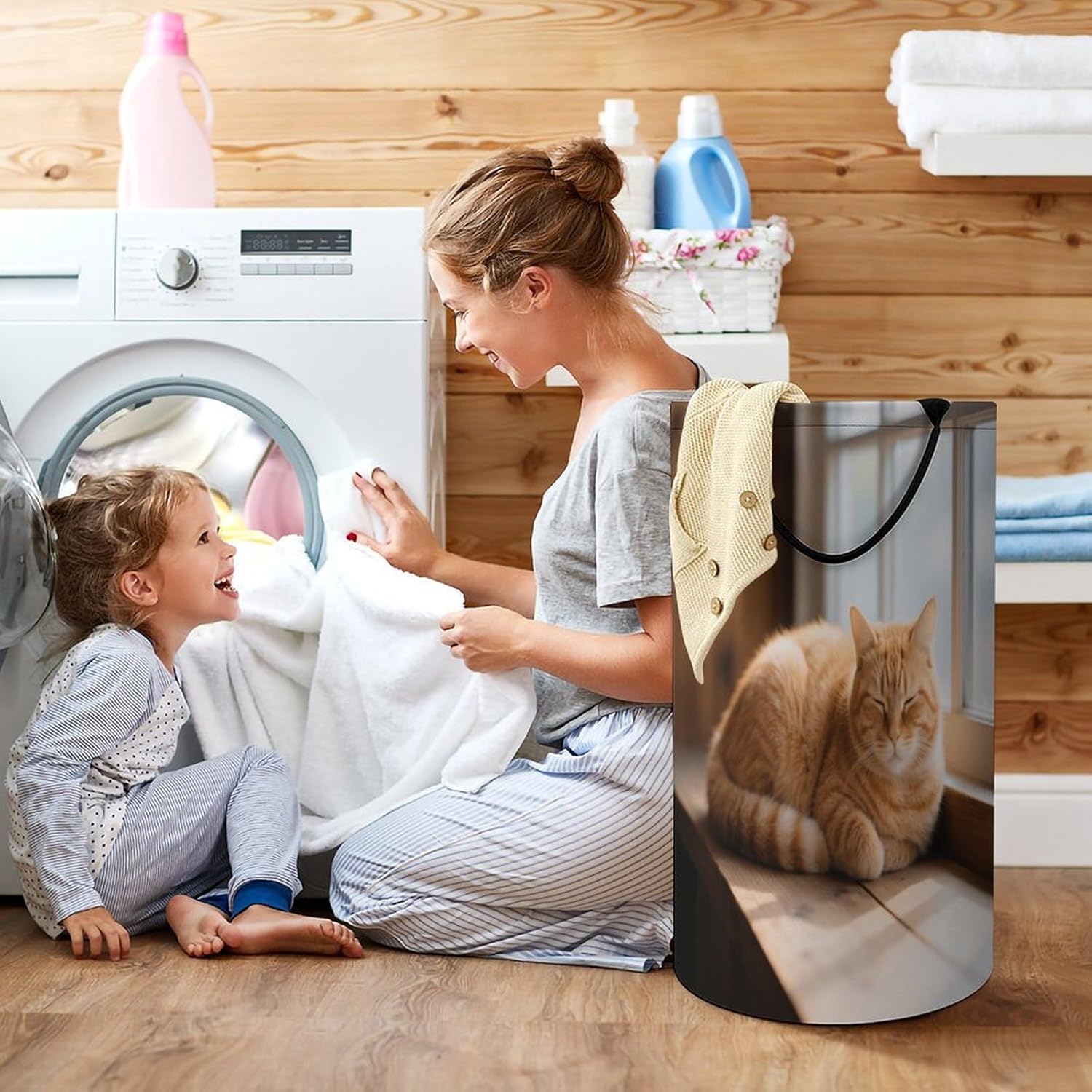 86L Large Laundry Hamper Orange Cat Patterned Dirty Laundry Hamper Foldable Laundry Bag with Handle Suitable for Bedroom Living Room And Bathroom Washing Machine