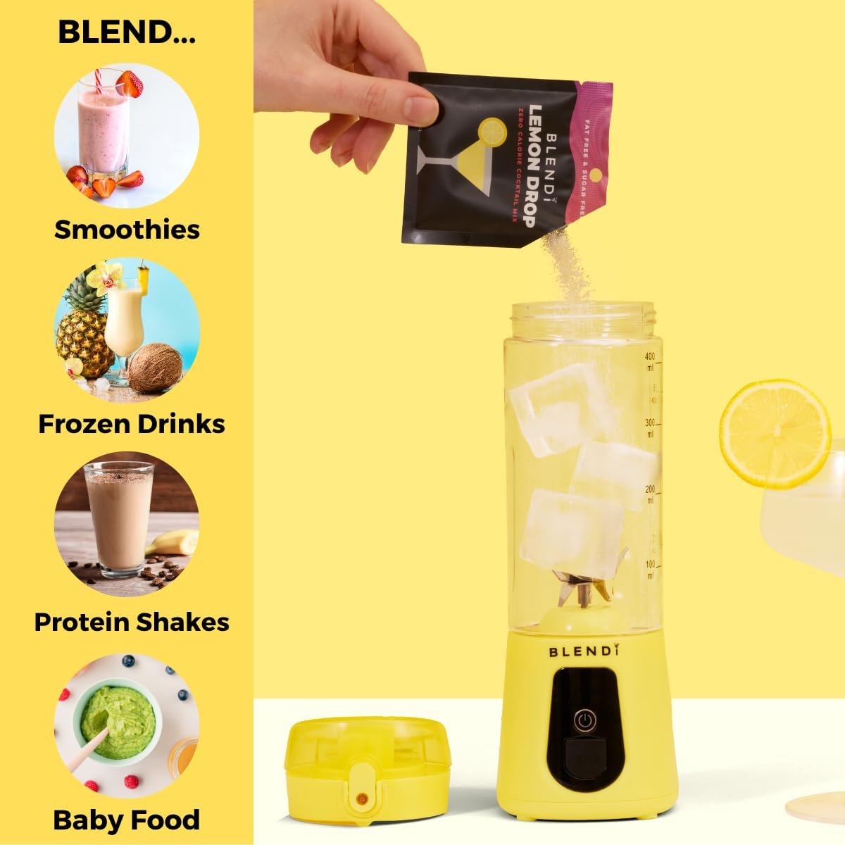 BLENDi Pro+ Portable Blender (17.5oz, Lemon) – Upgraded Ice Crushing 120W Motor, USB-C Rechargeable, Cordless Personal Blender Smoothies & Shakes – BPA-Free, Self-Cleaning, Travel-Friendly (NEW)