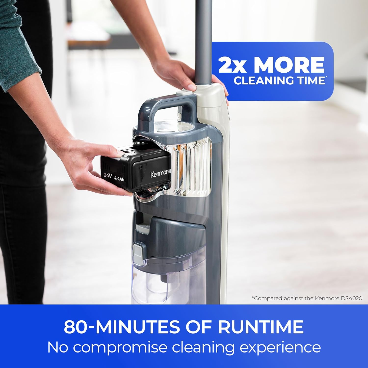 Kenmore CU7005 Litening 24V Cordless Upright Vacuum with Lift-Up & Hair Eliminator Nozzle, Brushless Motor, Up to 80 Mins of Runtime, HEPA Filter & LED Display for Carpets, Hard Floor & Pets, White