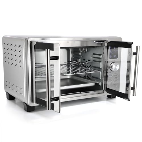 MegaChef 25 Liter Digital Electric French Door Multi-Function Counter Top Oven with Rotisserie Set & Toast, Bagel, Pizza, Bake, Roast, Broil, Cookies, Rotisserie, Dehydrate, Ferment, Warm Functions