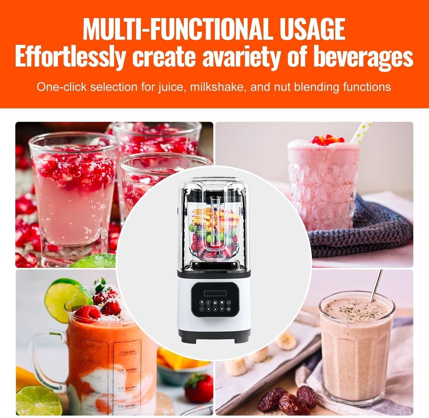 Professional with Shield, Commercial Countertop Blenders, 68 oz Jar Combo, Stainless Steel 9 Speed & 5 Functions, compatible with Shakes, Smoothies, Peree, and Crush Ice, White