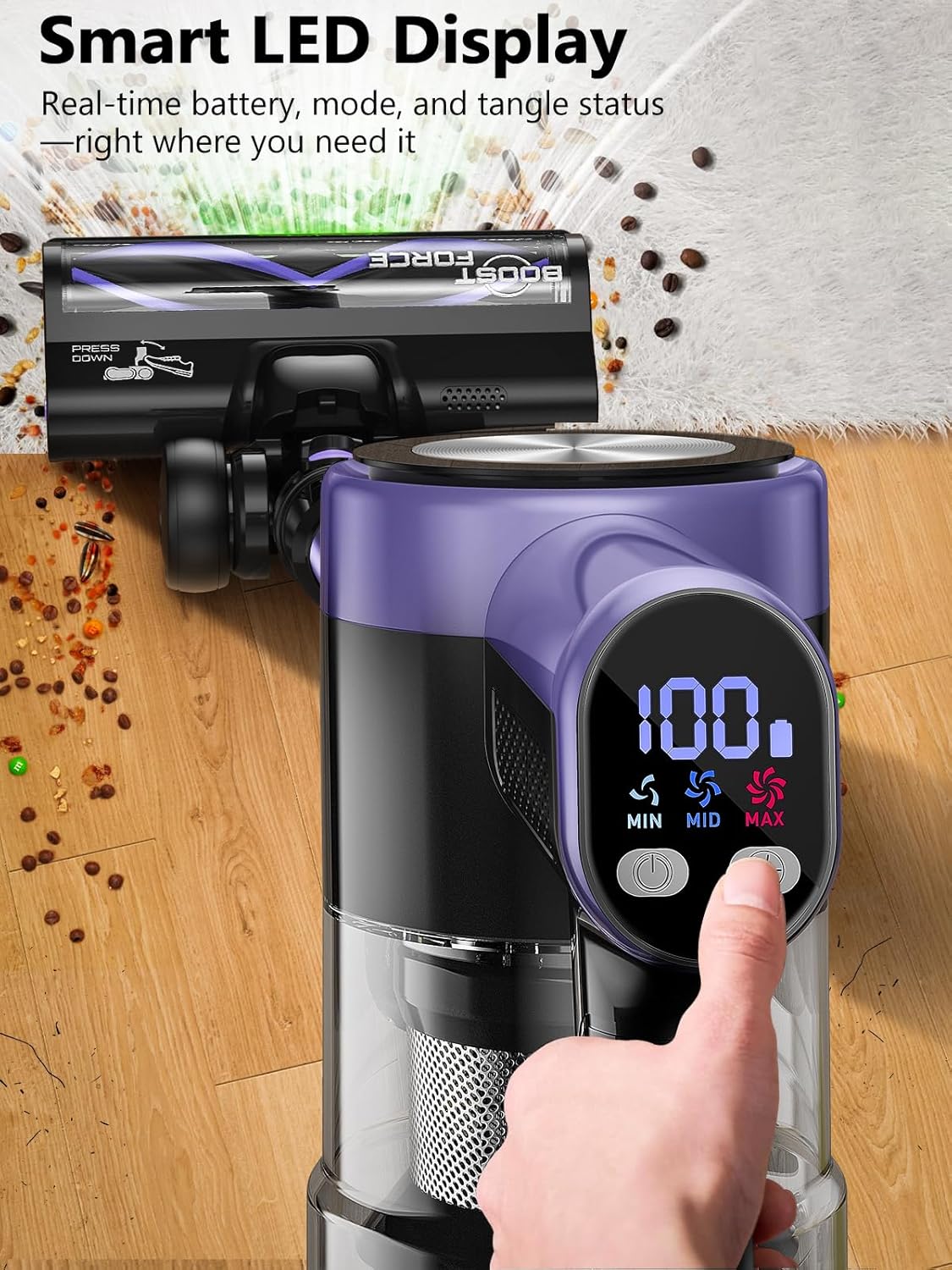 Cordless Vacuum Cleaner, 46KPa/500W Stick Vacuum with 55 Mins Runtime, Self-Standing Vacuum Cleaner for Home, LED Display, Anti-Tangle Brush, Rechargeable Vacuum for Hardwood Floor, Pet Hair (Violet)