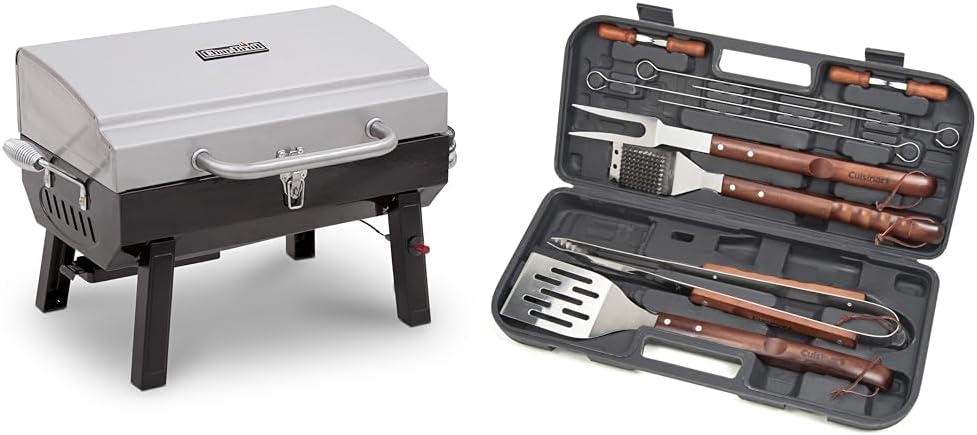 Char-Broil 200 Square Inch Stainless Steel Portable Propane Gas Grill and 13-Piece Cuisinart CGS-W13 Wooden Handle BBQ Tool Set