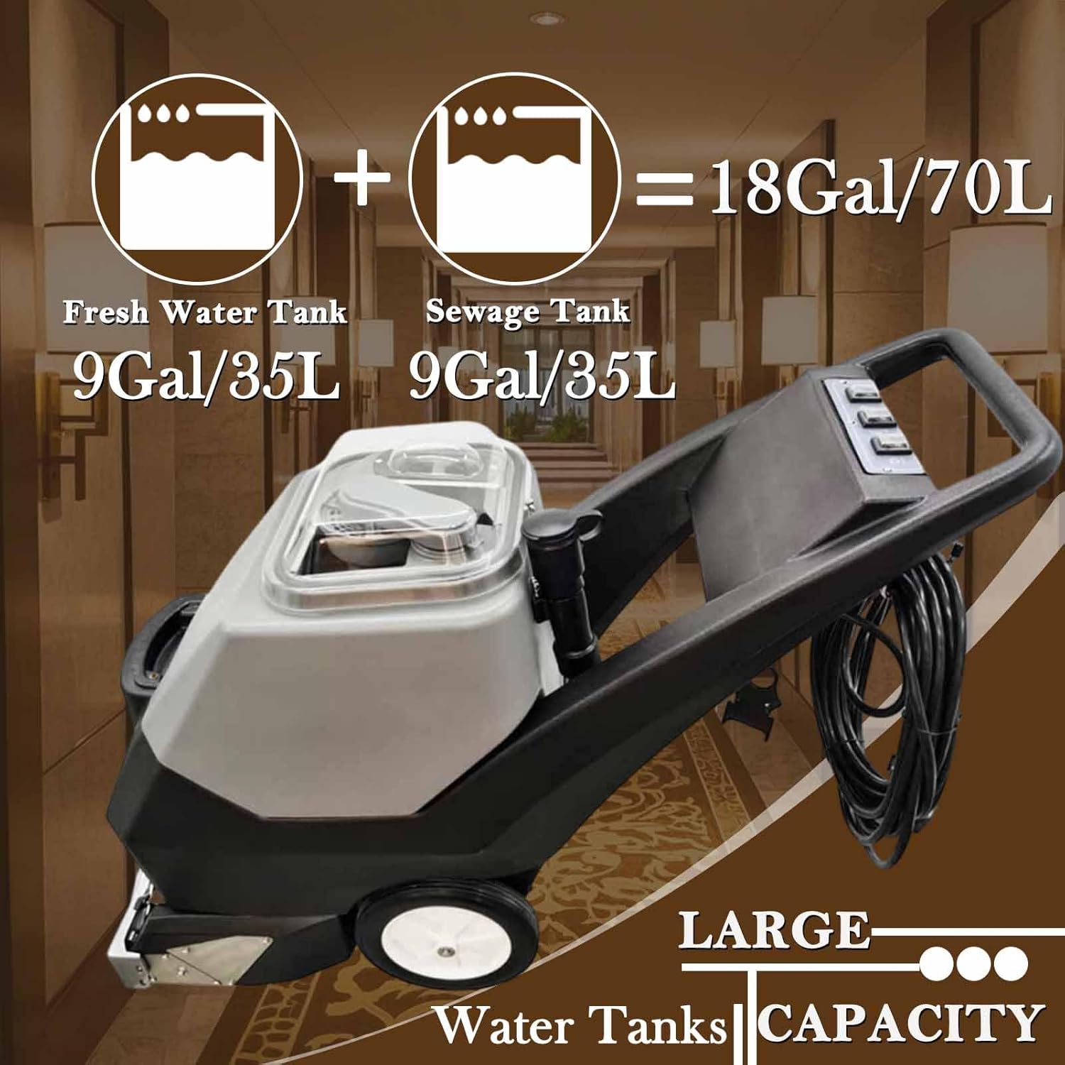 Commercial Carpet Cleaning Machine 3-in-1 Extractor Hand Pushed Hot&Cold Water Carpet Washer 9Gal+9Gal Tanks 18'' Stainless Steel Scraper for Hotel/Gym/Office Deep Cleaning 18m Cord 110V