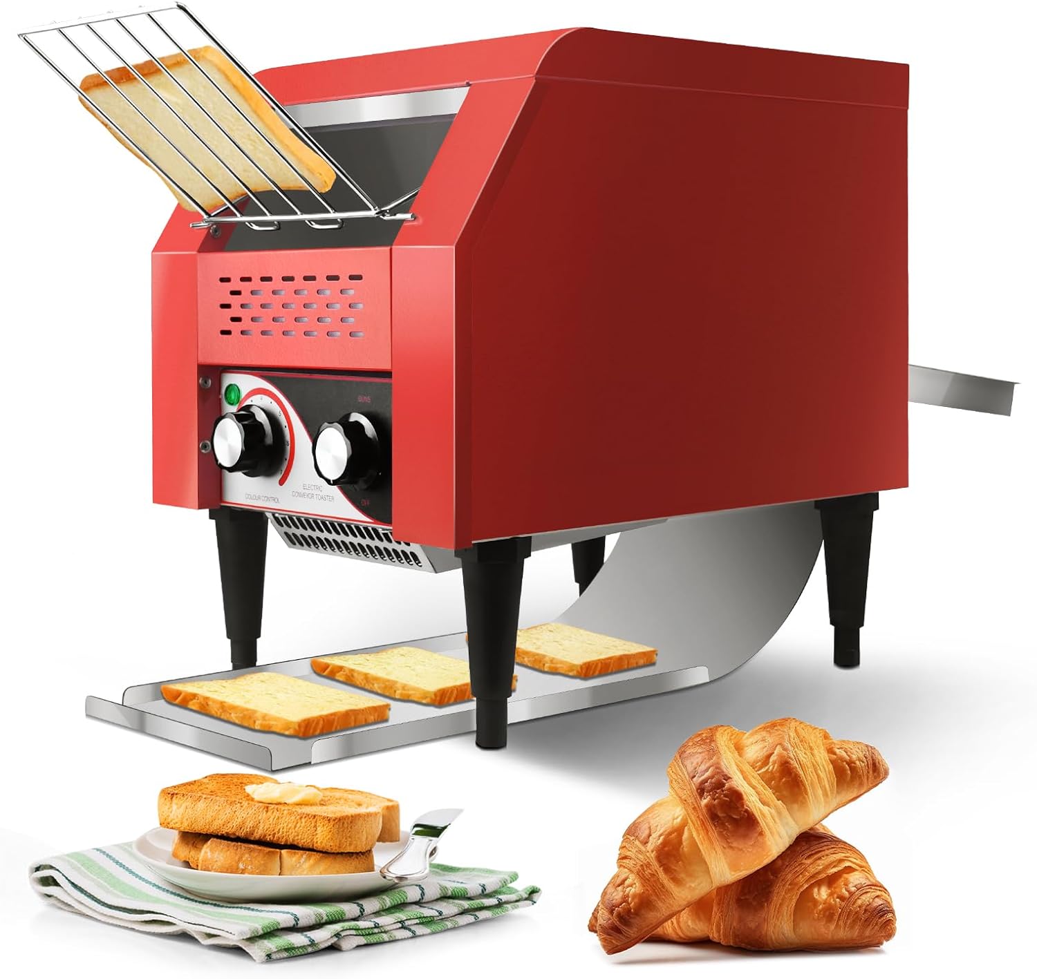 Commercial Conveyor Toaster 150 Slices/Hour Red Conveyor Toaster 3 Modes/7 Speeds Stainless Steel Tabletop Toaster for Toast, Bagels and Other Baked Breads