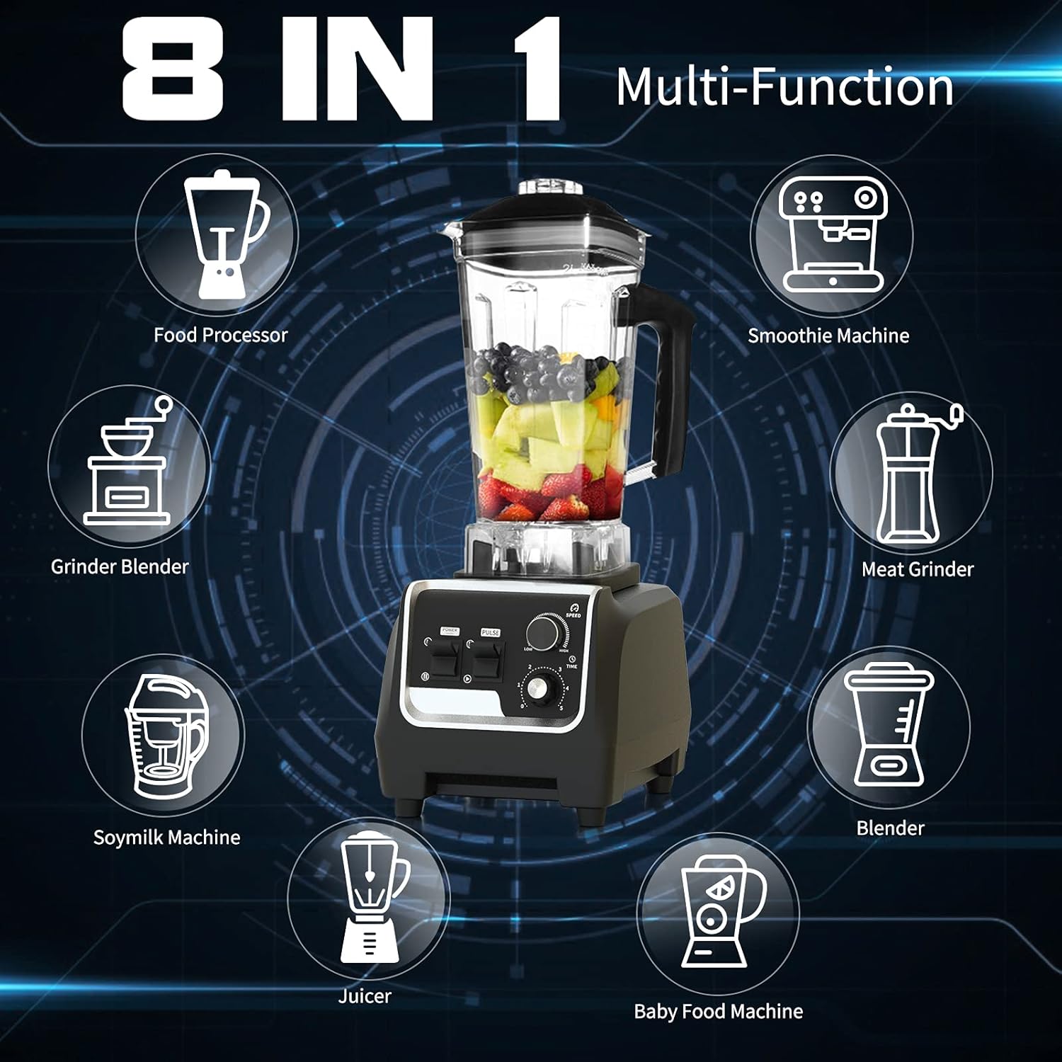 Professional Blender for Kitchen, 2200 Watt Countertop Food Blender Machine with Built-in Timer for Frozen Fruit​, Crushing Ice, Veggies, Shakes and Smoothie 64 oz Container for Home and Commercial