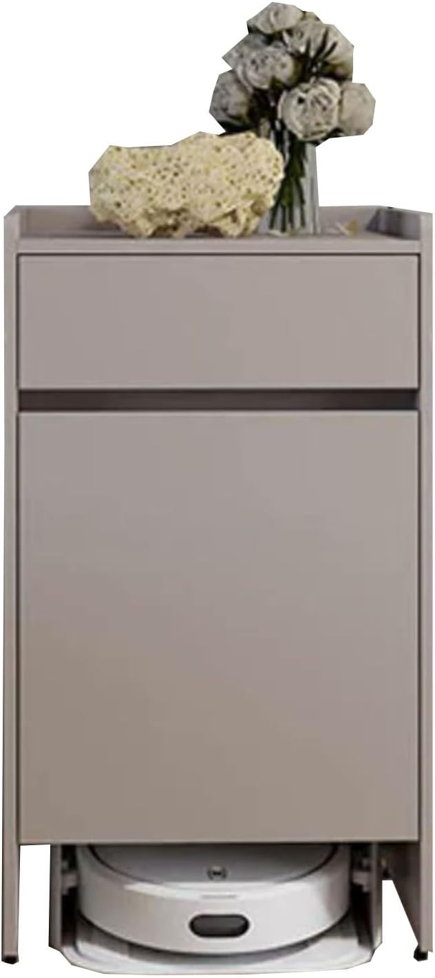 Robot Vacuum Cabinet with Doors & Drawers, Mobile Hidden Storage Cabinet with Wheels, Narrow Corner Wooden Stand for Living Room, Dining Room, Kitchen, Home Office(Champagne)