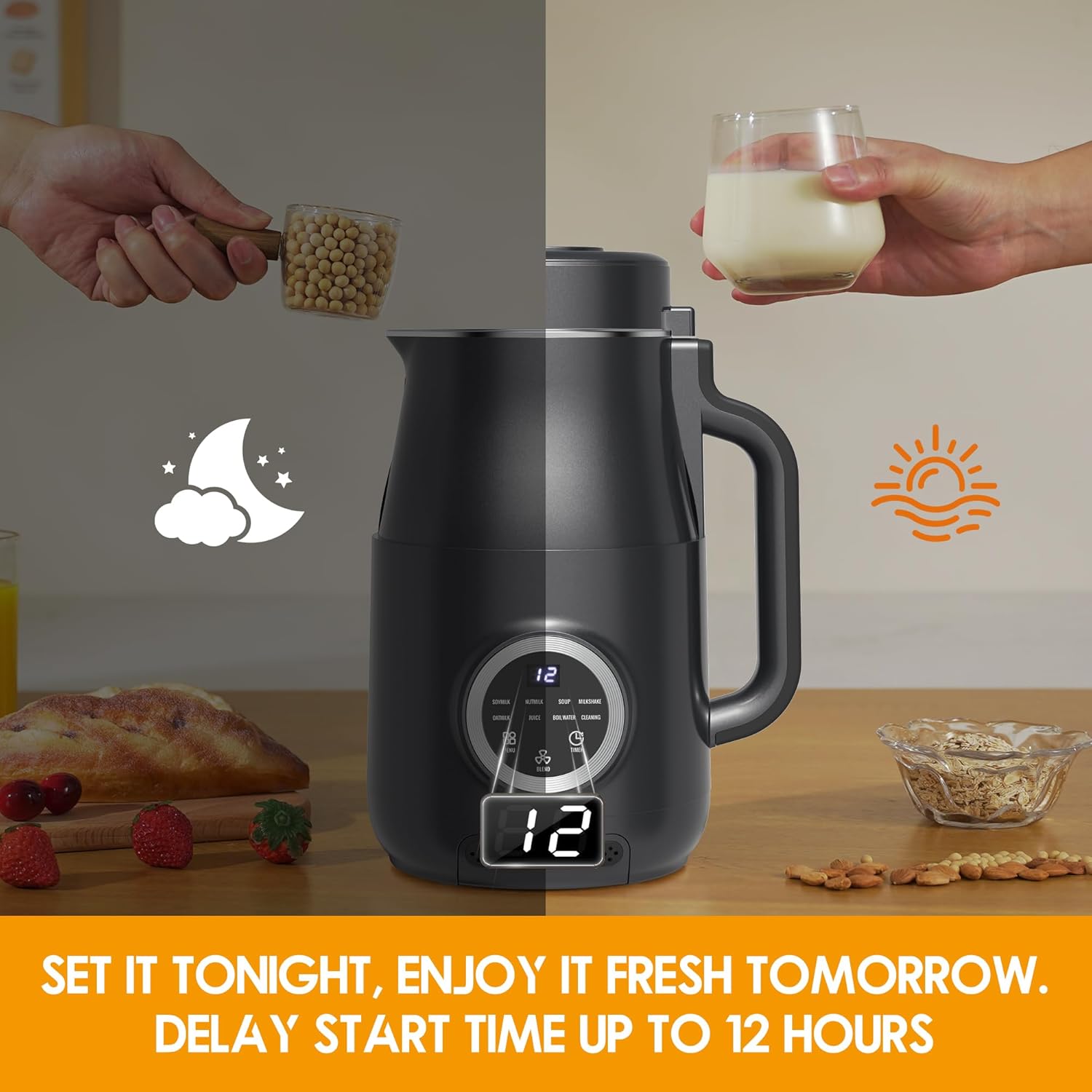 8-in-1 Nut Milk Maker, 40oz Blender Homemade Almond, Oat, Soy, Coconut Milk, Juice & Soup, Electric Bean Milk Machine with Delay Start/Auto-Clean/Boil Water/Keep Warm (Black)