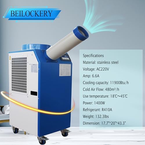 Industrial Portable Air Conditioner with Wheels 14L Large Tank Commercial Spot Cooler Adjustable Air Outlet Ideal for Hospitals Workshops Outdoor Events 220V 1.4KW