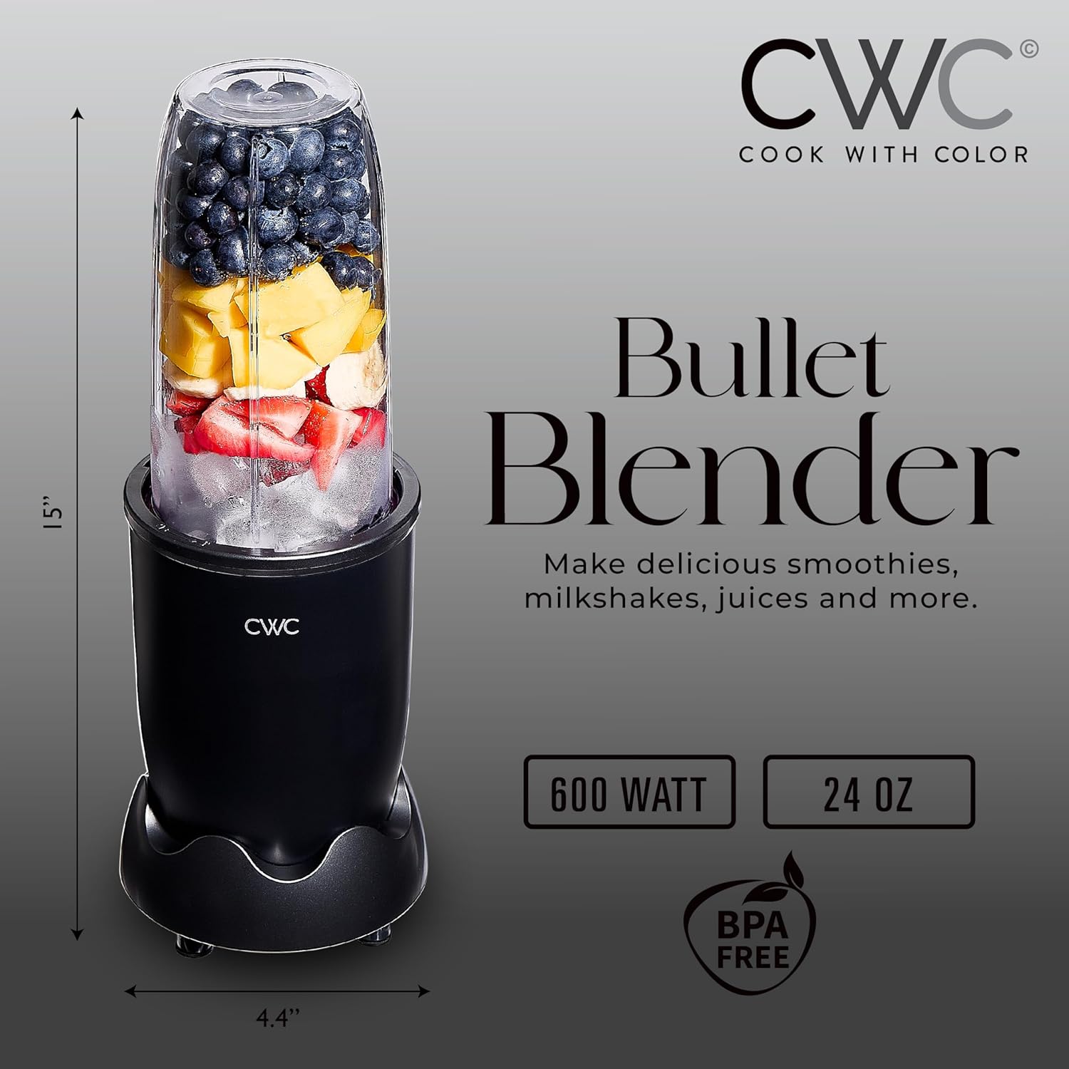 COOK WITH COLOR Personal Power Blender 600W, 24oz Capacity, BPA-Free Jar, Ice-Crushing Blades, Ideal for Smoothies & More, Anti-Slip Feet, Easy to Clean, Black